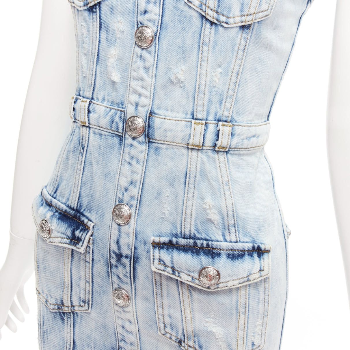 Balmain BALMAIN faded blue distressed denim silver buttons 4 pocket fitted dress FR34 XS Size XS / US 0-2 / IT 36-38 - 2 Thumbnail