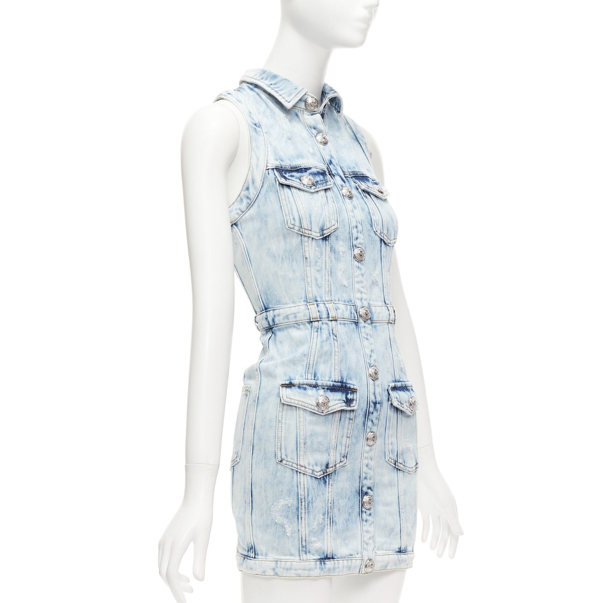 Balmain BALMAIN faded blue distressed denim silver buttons 4 pocket fitted dress FR34 XS Size XS / US 0-2 / IT 36-38 - 3 Thumbnail