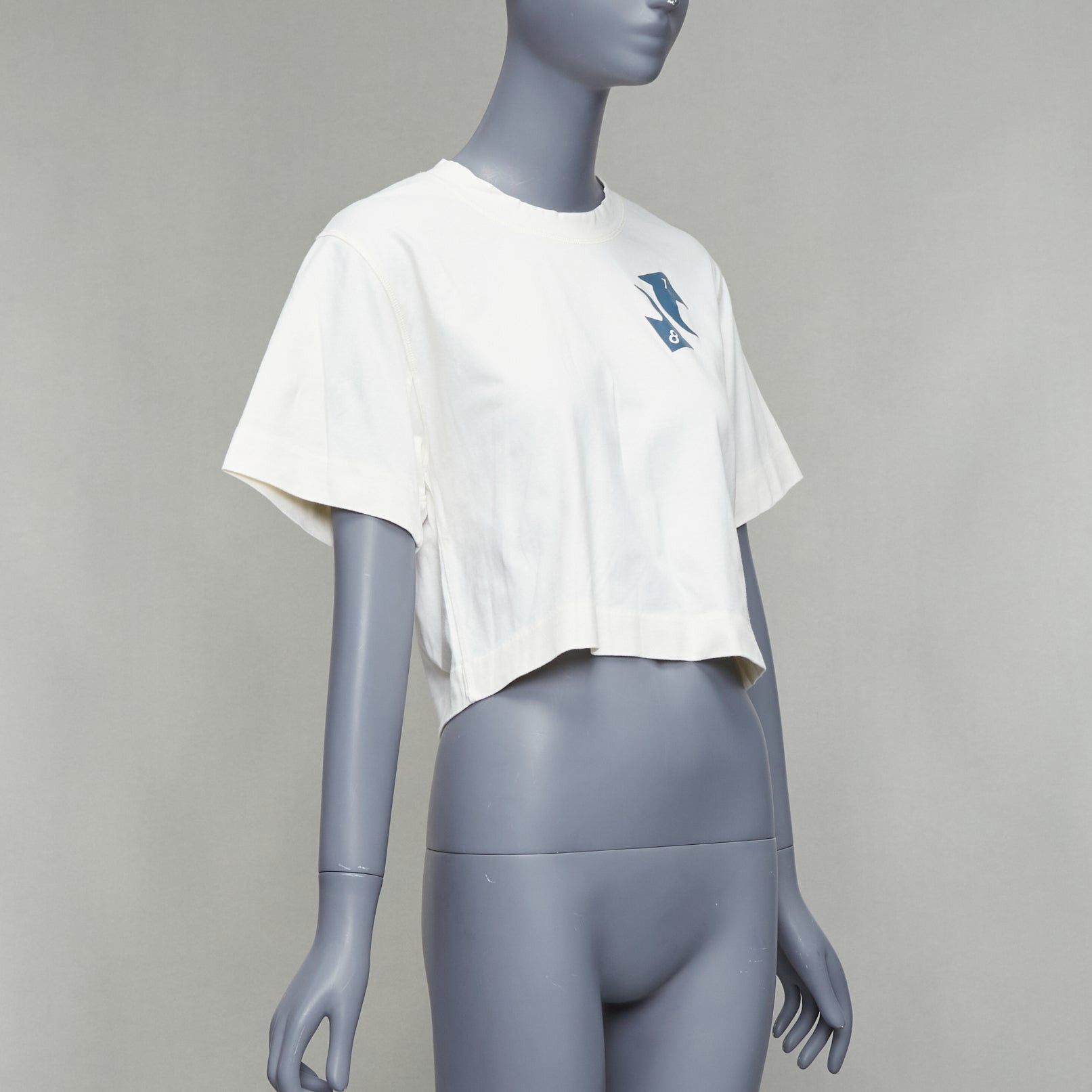 Off-White OFF WHITE cream cotton blue embroidered logo crop tshirt XS Size S / US 4 / IT 40 - 3 Thumbnail
