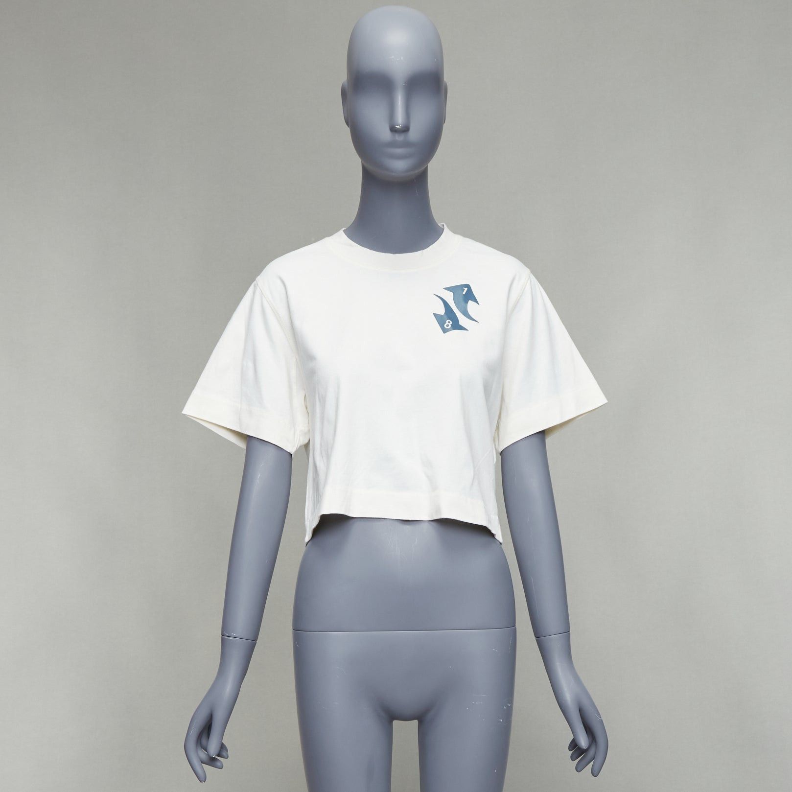 Off-White OFF WHITE cream cotton blue embroidered logo crop tshirt XS Size S / US 4 / IT 40 - 9 Thumbnail