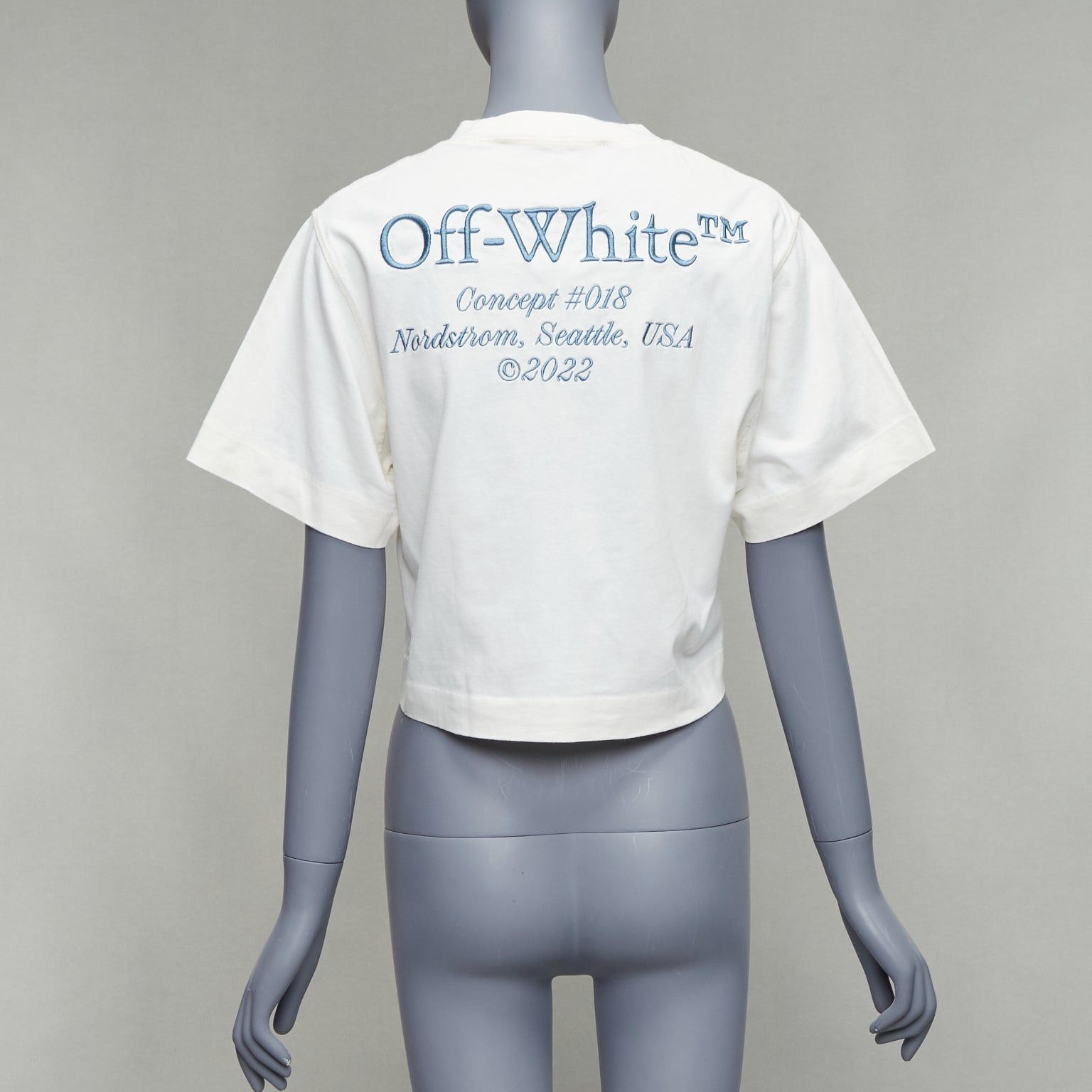 Off-White OFF WHITE cream cotton blue embroidered logo crop tshirt XS Size S / US 4 / IT 40 - 5 Thumbnail