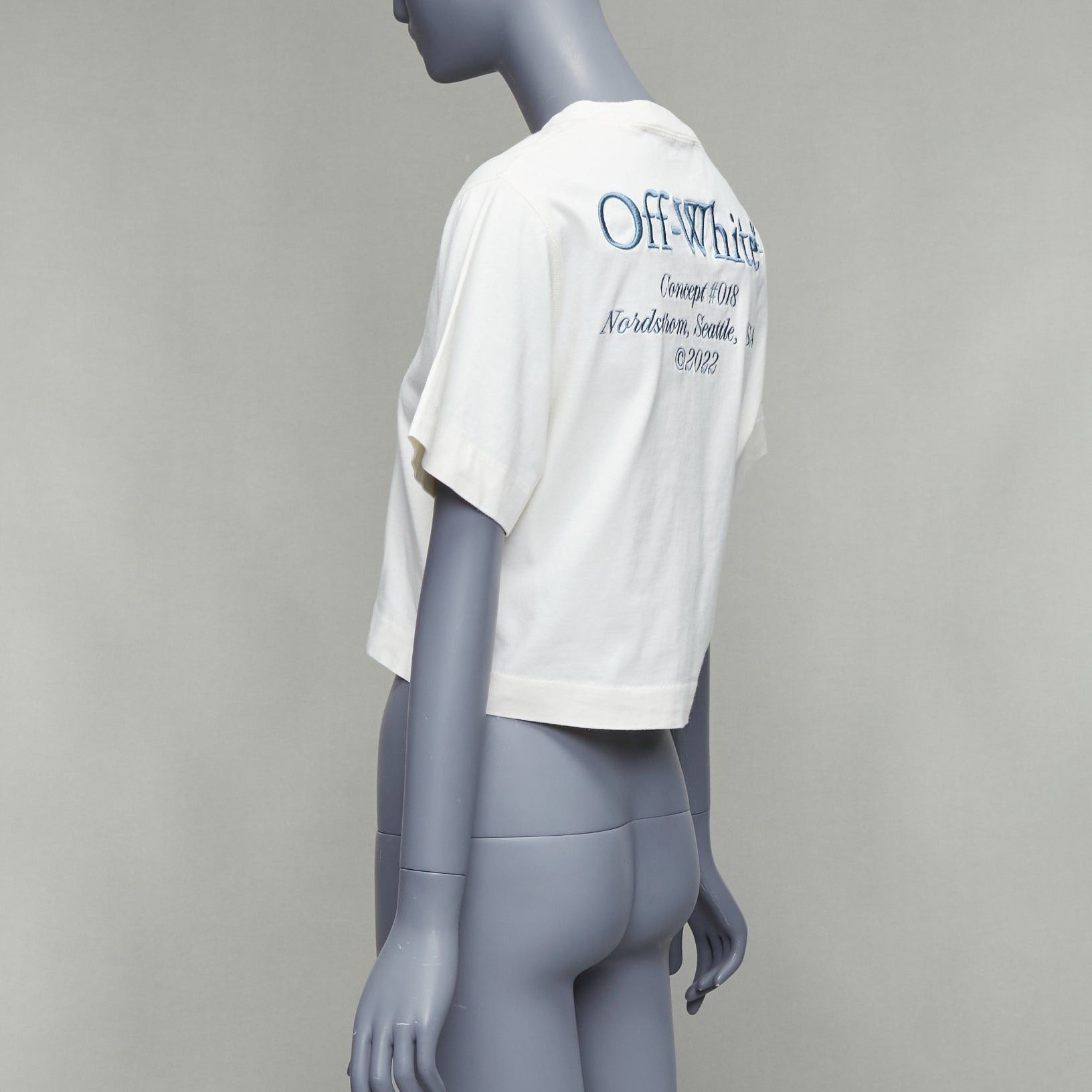 Off-White OFF WHITE cream cotton blue embroidered logo crop tshirt XS Size S / US 4 / IT 40 - 6 Thumbnail