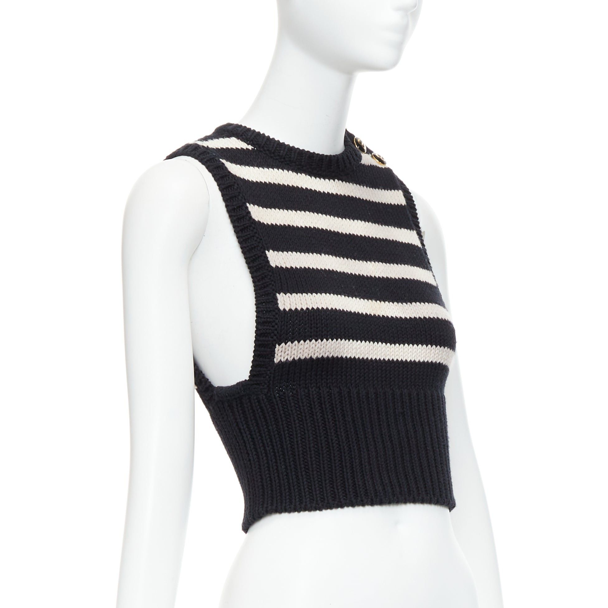 Dior CHRISTIAN DIOR black cream cotton cashmere striped CD logo button cropped vest FR34 XS Size XS / US 0-2 / IT 36-38 - 3 Thumbnail