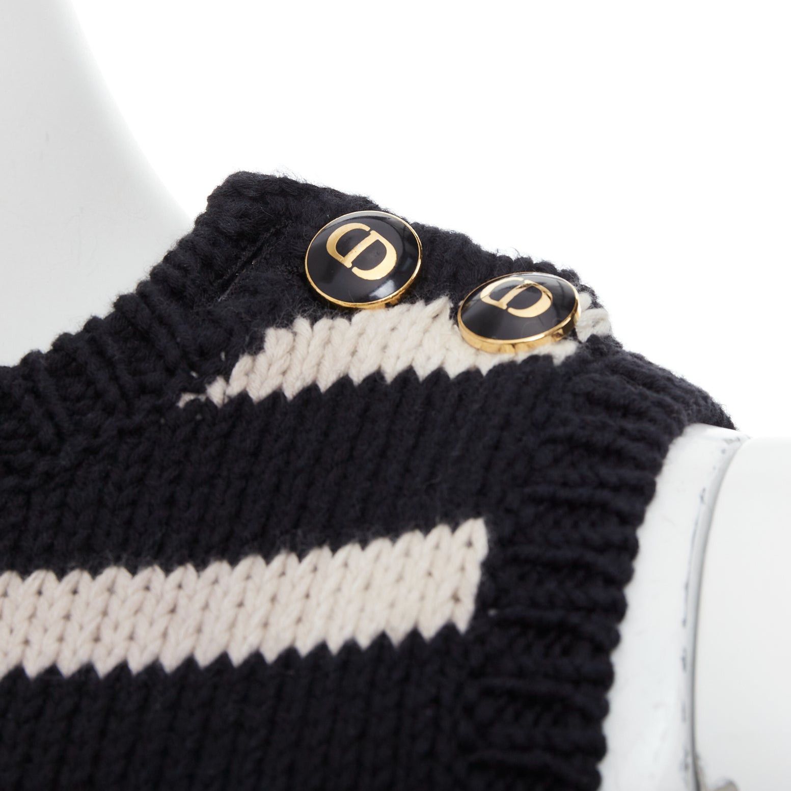 Dior CHRISTIAN DIOR black cream cotton cashmere striped CD logo button cropped vest FR34 XS Size XS / US 0-2 / IT 36-38 - 2 Thumbnail