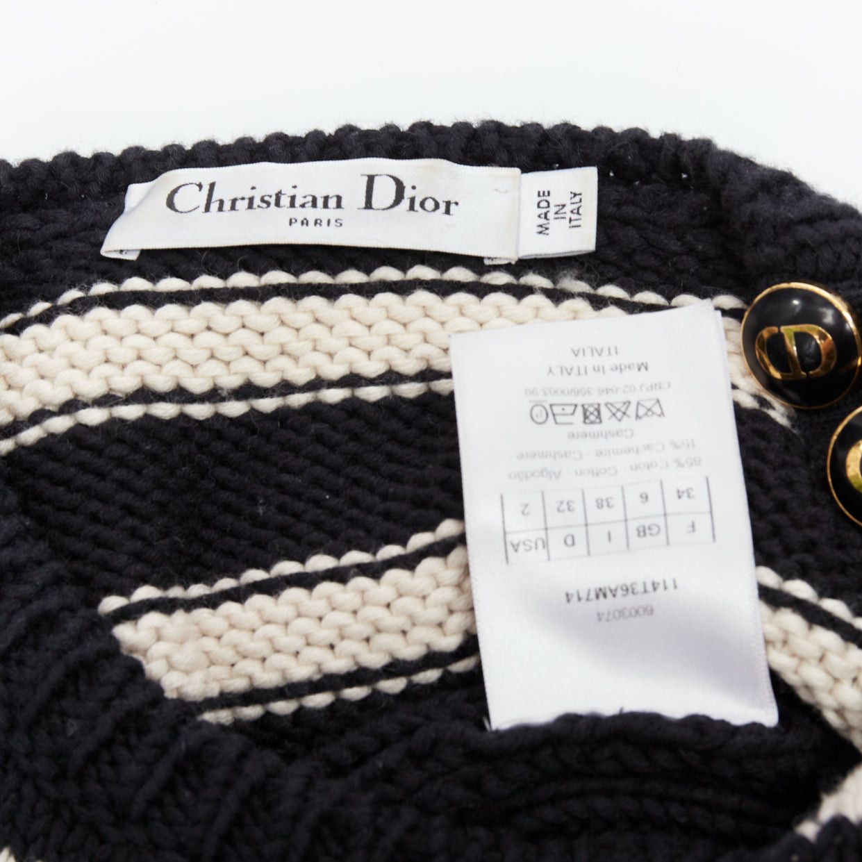 Dior CHRISTIAN DIOR black cream cotton cashmere striped CD logo button cropped vest FR34 XS Size XS / US 0-2 / IT 36-38 - 8 Thumbnail