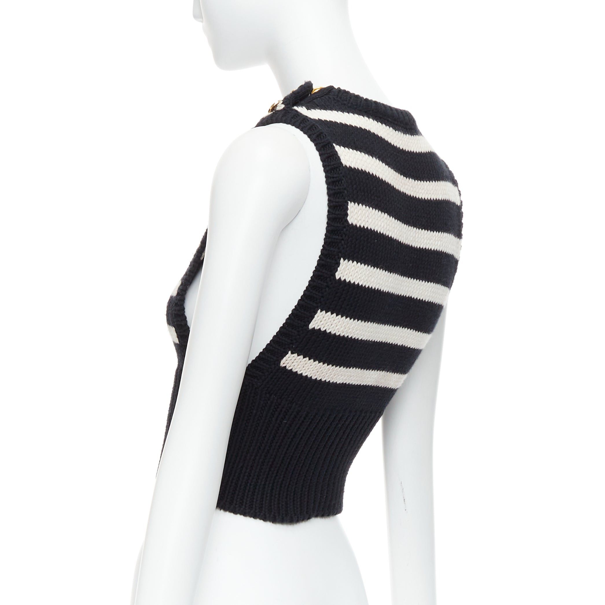 Dior CHRISTIAN DIOR black cream cotton cashmere striped CD logo button cropped vest FR34 XS Size XS / US 0-2 / IT 36-38 - 6 Thumbnail