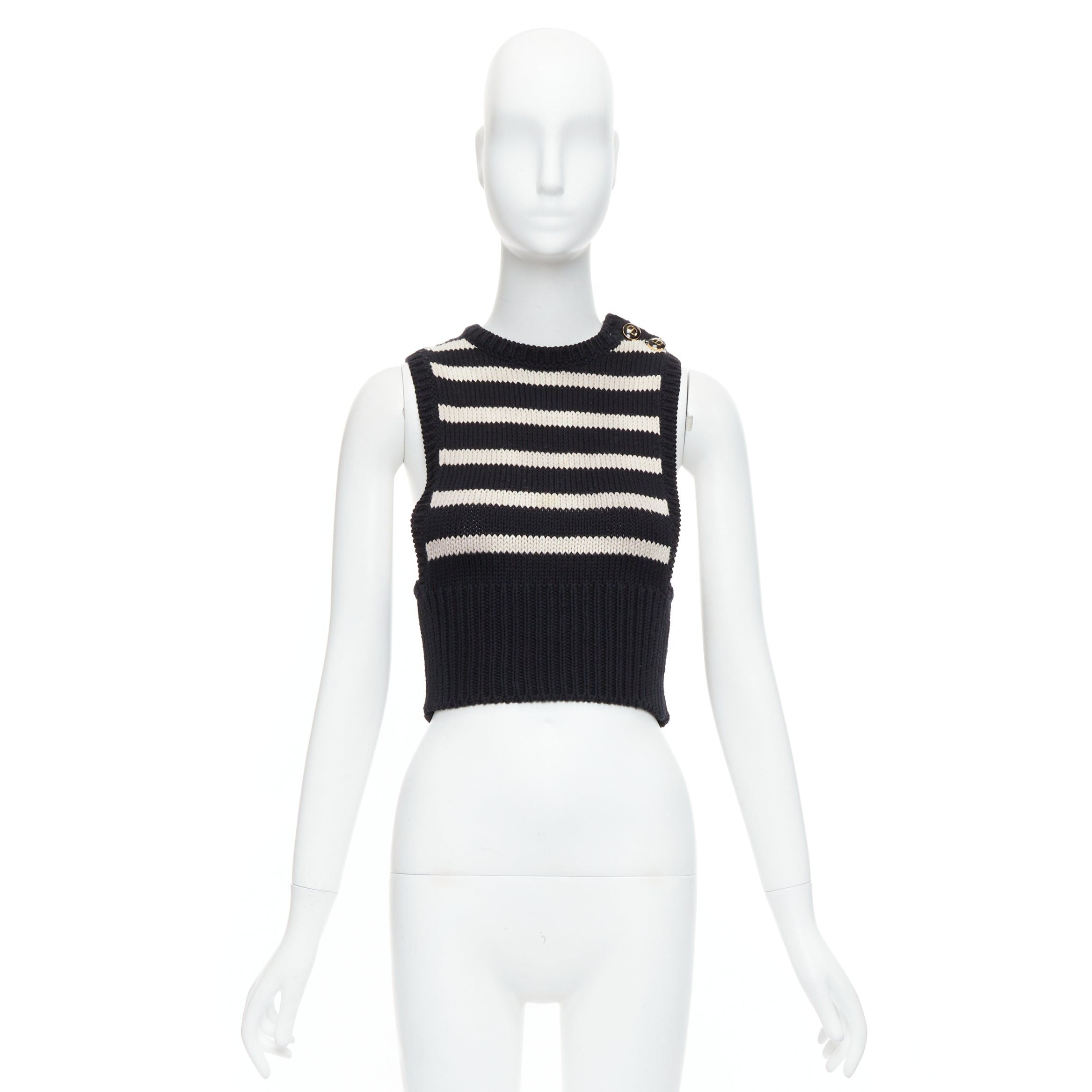 Dior CHRISTIAN DIOR black cream cotton cashmere striped CD logo button cropped vest FR34 XS Size XS / US 0-2 / IT 36-38 - 9 Thumbnail