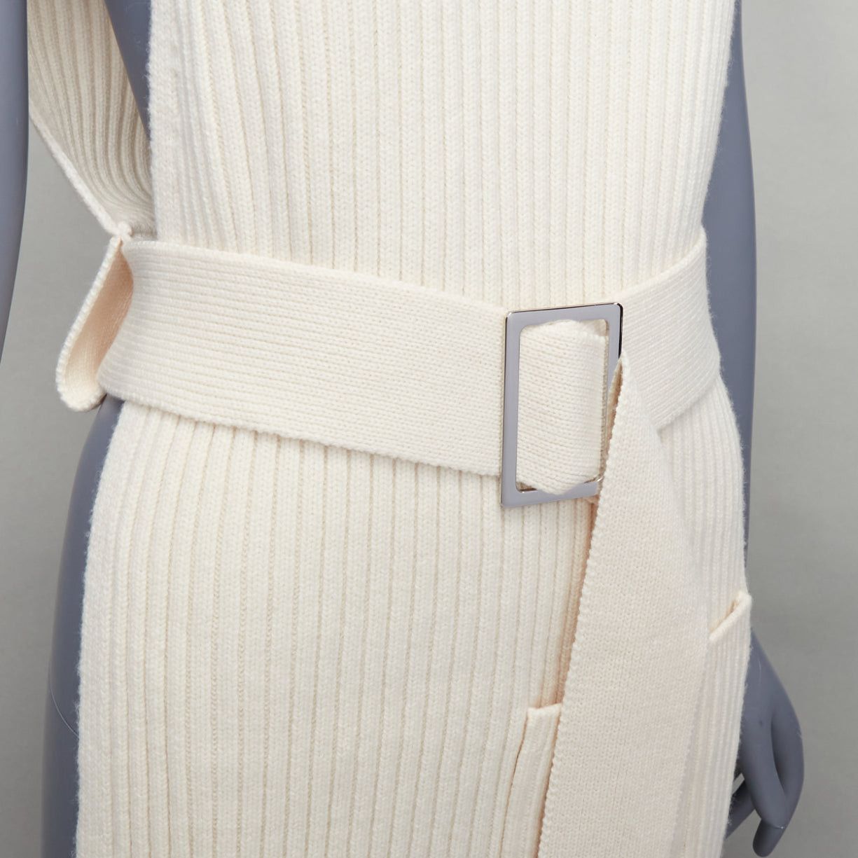 Tibi TIBI 100% merino wool cream ribbed belted side cut out funnel collar vest XS Size S / US 4 / IT 40 - 2 Thumbnail