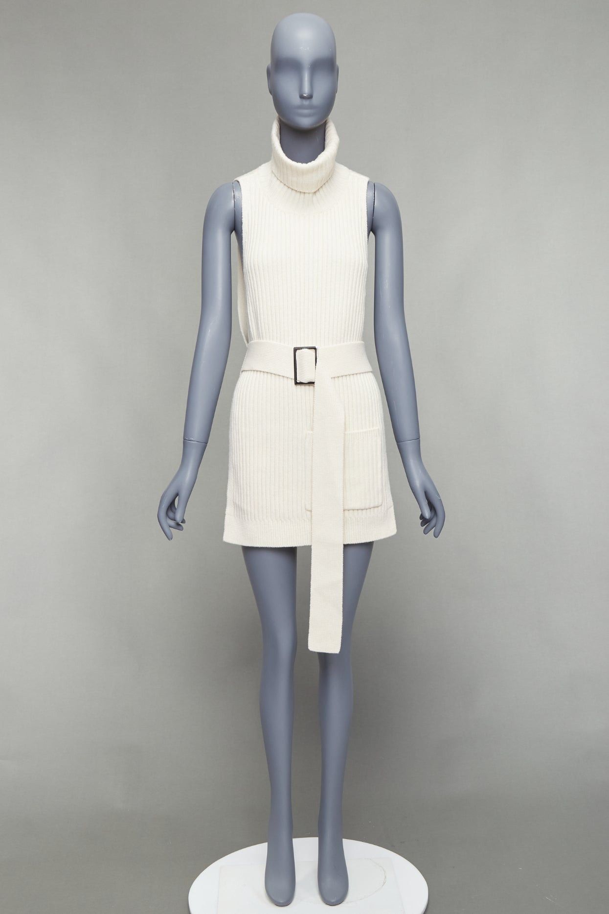 Tibi TIBI 100% merino wool cream ribbed belted side cut out funnel collar vest XS Size S / US 4 / IT 40 - 9 Thumbnail