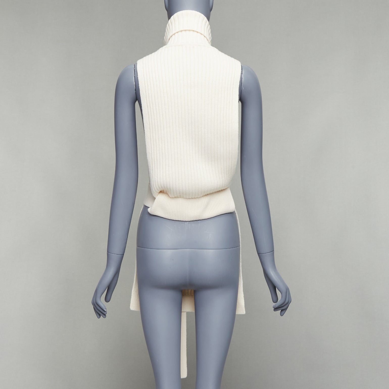 Tibi TIBI 100% merino wool cream ribbed belted side cut out funnel collar vest XS Size S / US 4 / IT 40 - 5 Thumbnail