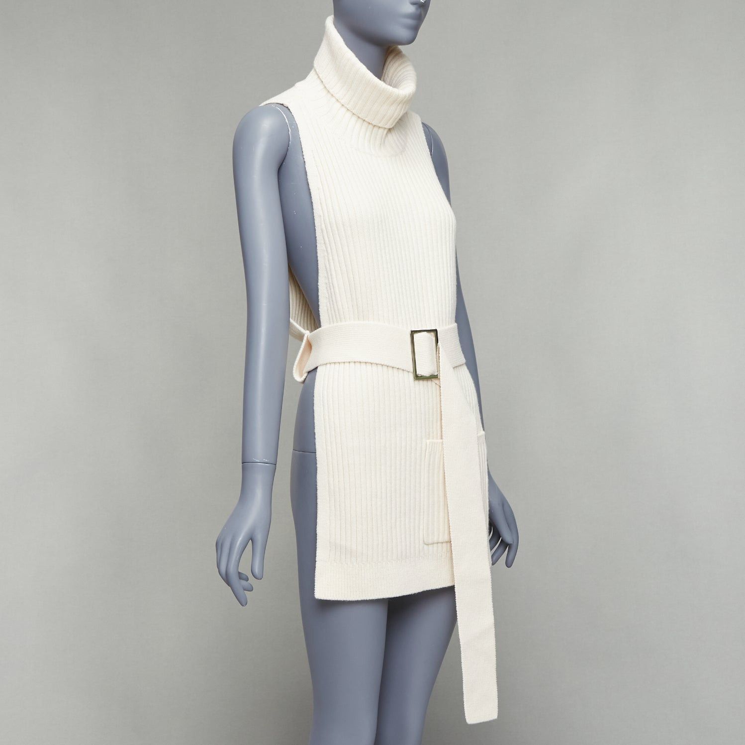 Tibi TIBI 100% merino wool cream ribbed belted side cut out funnel collar vest XS Size S / US 4 / IT 40 - 3 Thumbnail