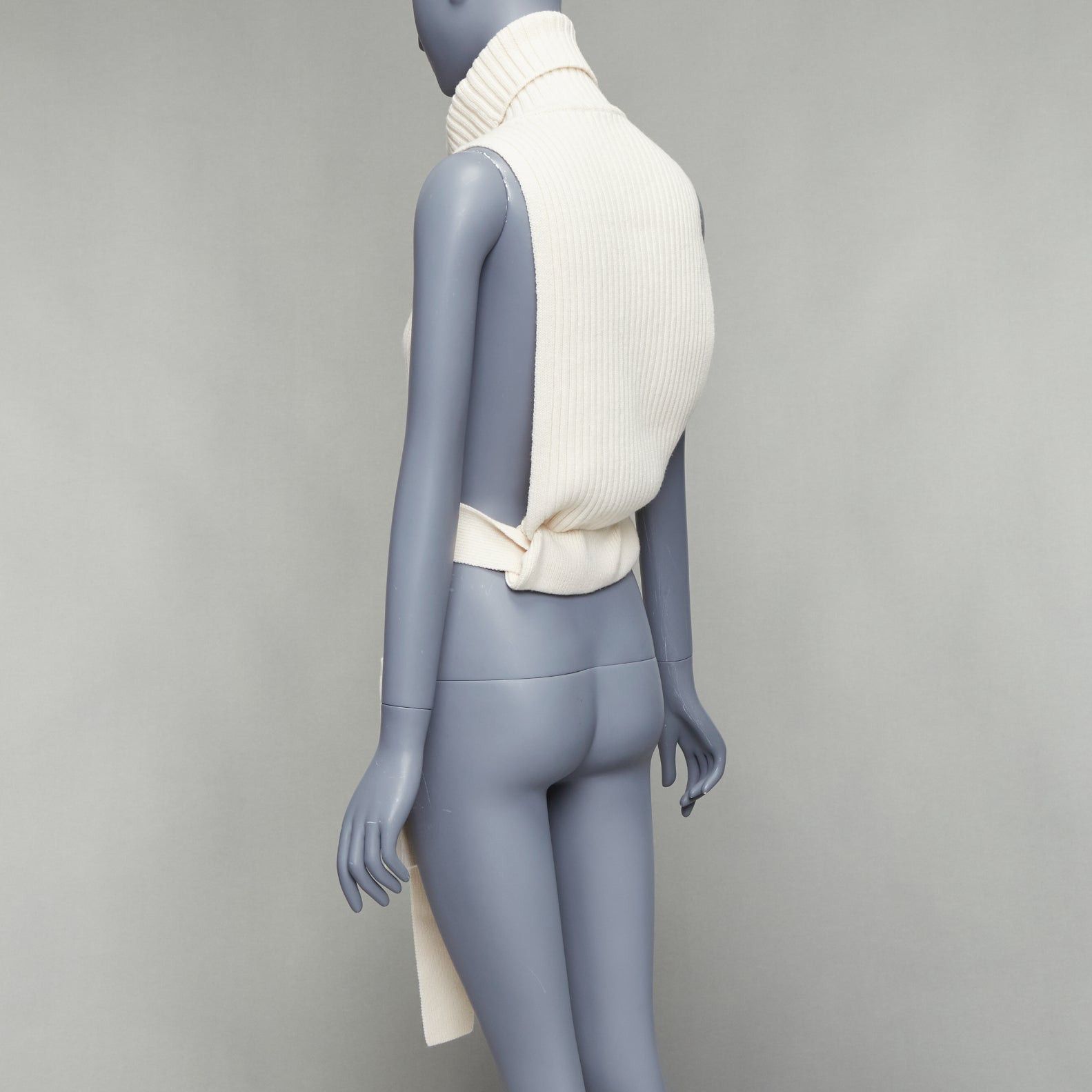 Tibi TIBI 100% merino wool cream ribbed belted side cut out funnel collar vest XS Size S / US 4 / IT 40 - 6 Thumbnail