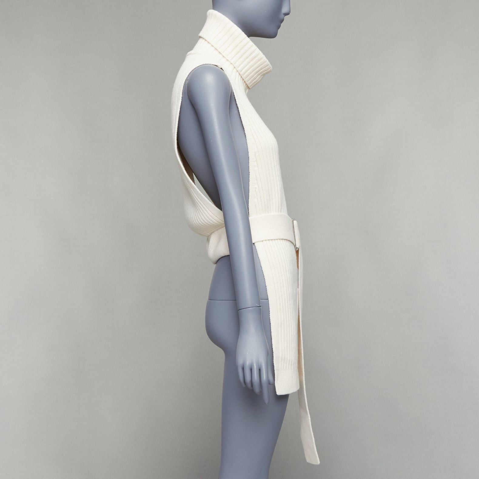 Tibi TIBI 100% merino wool cream ribbed belted side cut out funnel collar vest XS Size S / US 4 / IT 40 - 4 Thumbnail