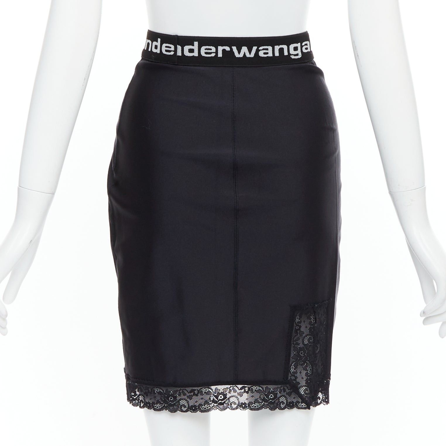 Alexander Wang T ALEXANDER WANG black lace trim logo tape waistband mini skirt XS Size 27" / US 4 / IT 40 - 5 Thumbnail