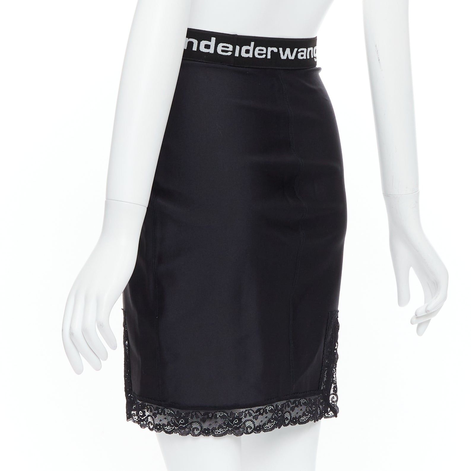 Alexander Wang T ALEXANDER WANG black lace trim logo tape waistband mini skirt XS Size 27" / US 4 / IT 40 - 6 Thumbnail