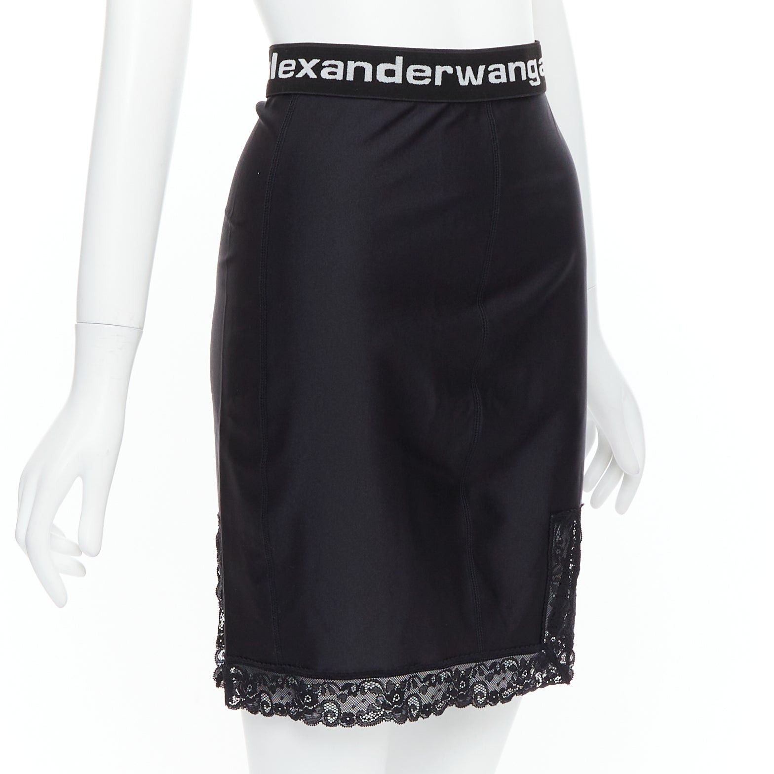 Alexander Wang T ALEXANDER WANG black lace trim logo tape waistband mini skirt XS Size 27" / US 4 / IT 40 - 3 Thumbnail