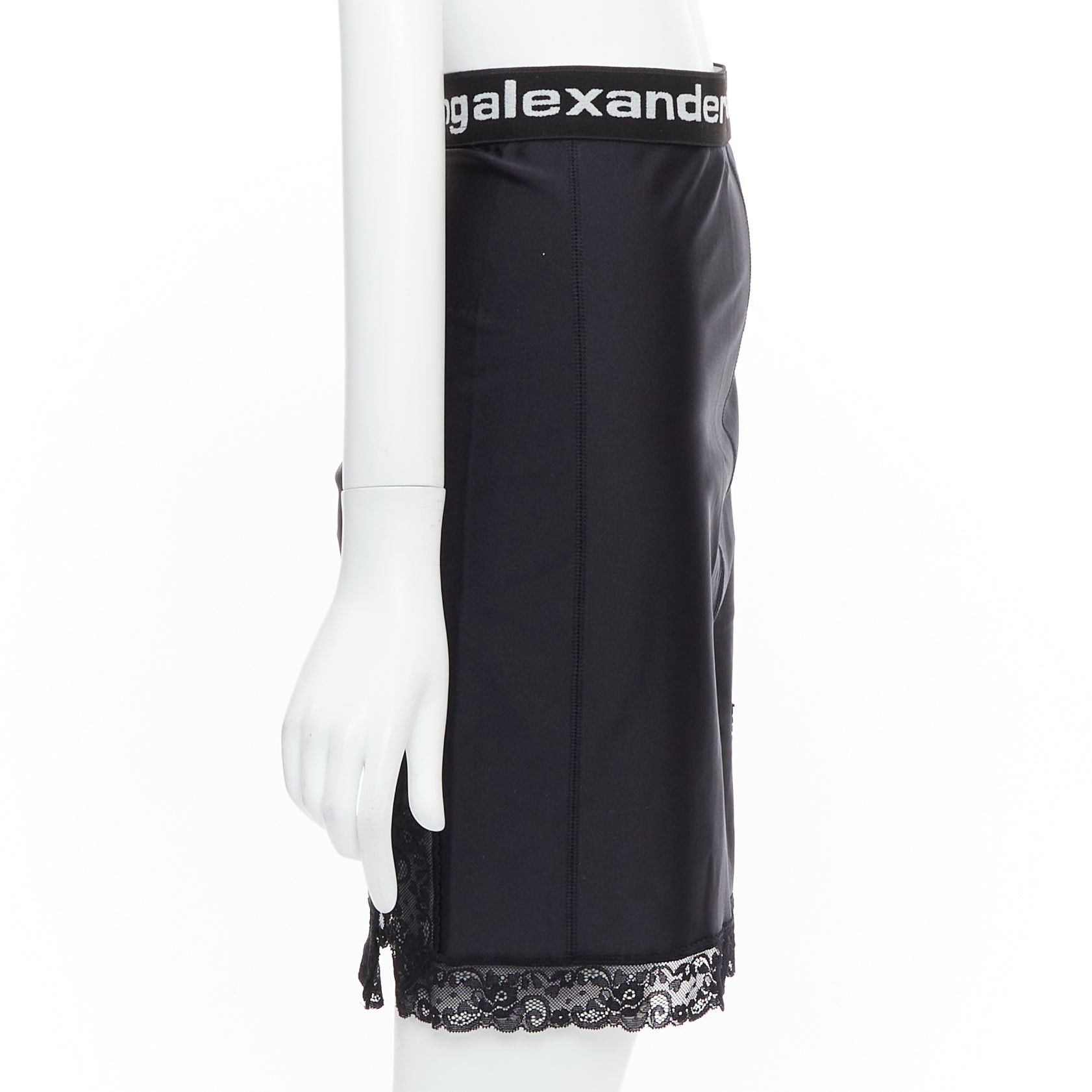 Alexander Wang T ALEXANDER WANG black lace trim logo tape waistband mini skirt XS Size 27" / US 4 / IT 40 - 4 Thumbnail