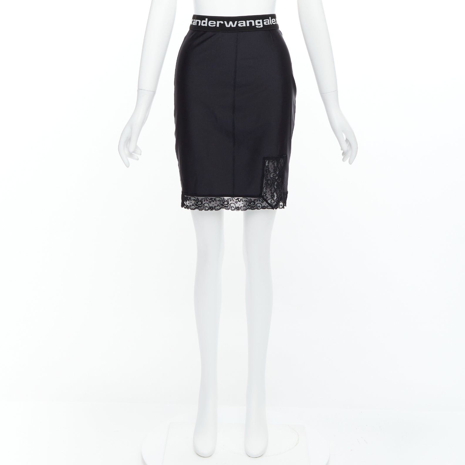 Alexander Wang T ALEXANDER WANG black lace trim logo tape waistband mini skirt XS Size 27" / US 4 / IT 40 - 9 Thumbnail