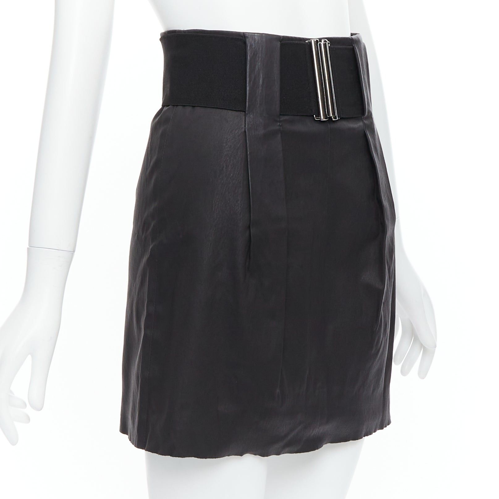 Pierre Balmain PIERRE BALMAIN Vintage black leather wide logo elastic belted A-line skirt FR38 M Size 28" / US 6 / IT 42 - 3 Thumbnail