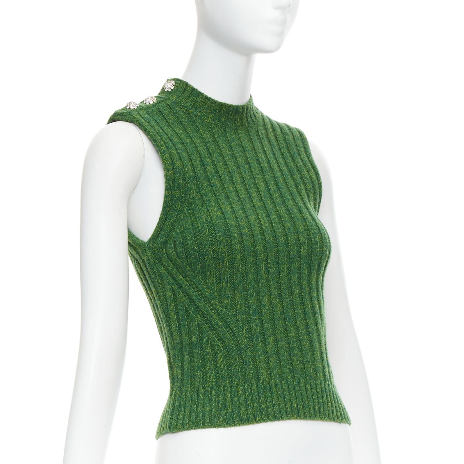 Ganni GANNI green recycled wool blend crystal button crew cropped vest XXS Size XS / US 0-2 / IT 36-38 - 3 Thumbnail