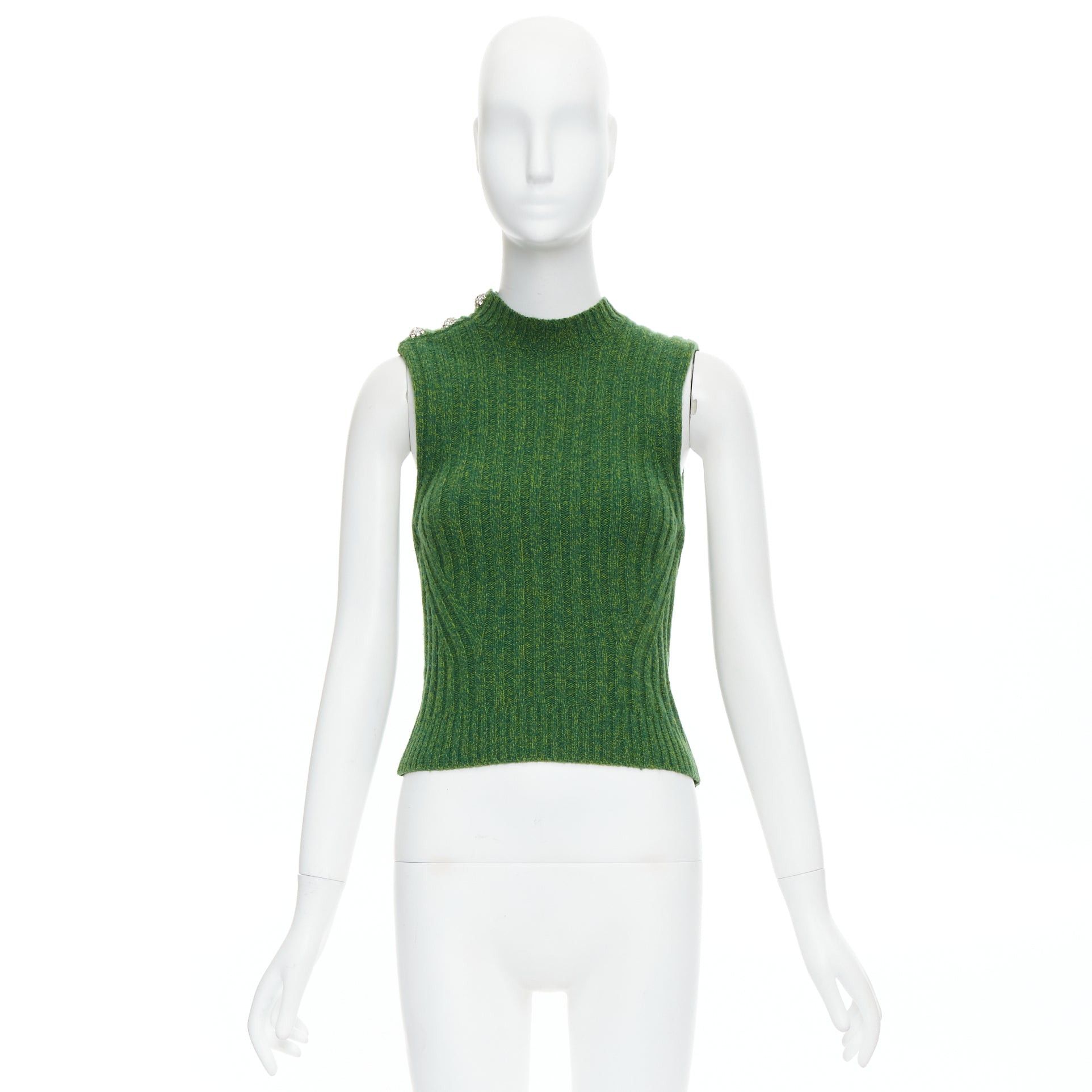 Ganni GANNI green recycled wool blend crystal button crew cropped vest XXS Size XS / US 0-2 / IT 36-38 - 9 Thumbnail