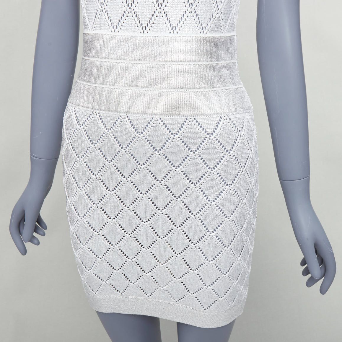 Balmain BALMAIN metallic silver coated cream argyle knit mini dress FR34 XS Size XS / US 0-2 / IT 36-38 - 2 Thumbnail