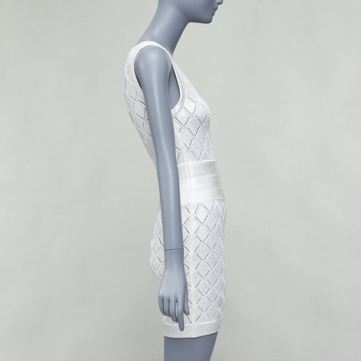 Balmain BALMAIN metallic silver coated cream argyle knit mini dress FR34 XS Size XS / US 0-2 / IT 36-38 - 4 Thumbnail
