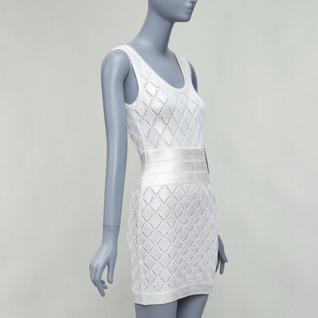 Balmain BALMAIN metallic silver coated cream argyle knit mini dress FR34 XS Size XS / US 0-2 / IT 36-38 - 3 Thumbnail