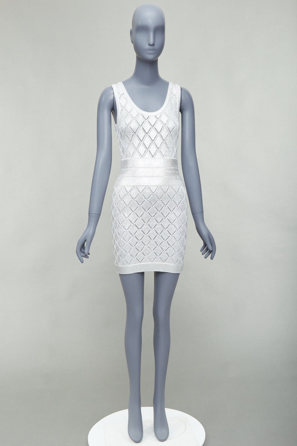 Balmain BALMAIN metallic silver coated cream argyle knit mini dress FR34 XS Size XS / US 0-2 / IT 36-38 - 9 Thumbnail