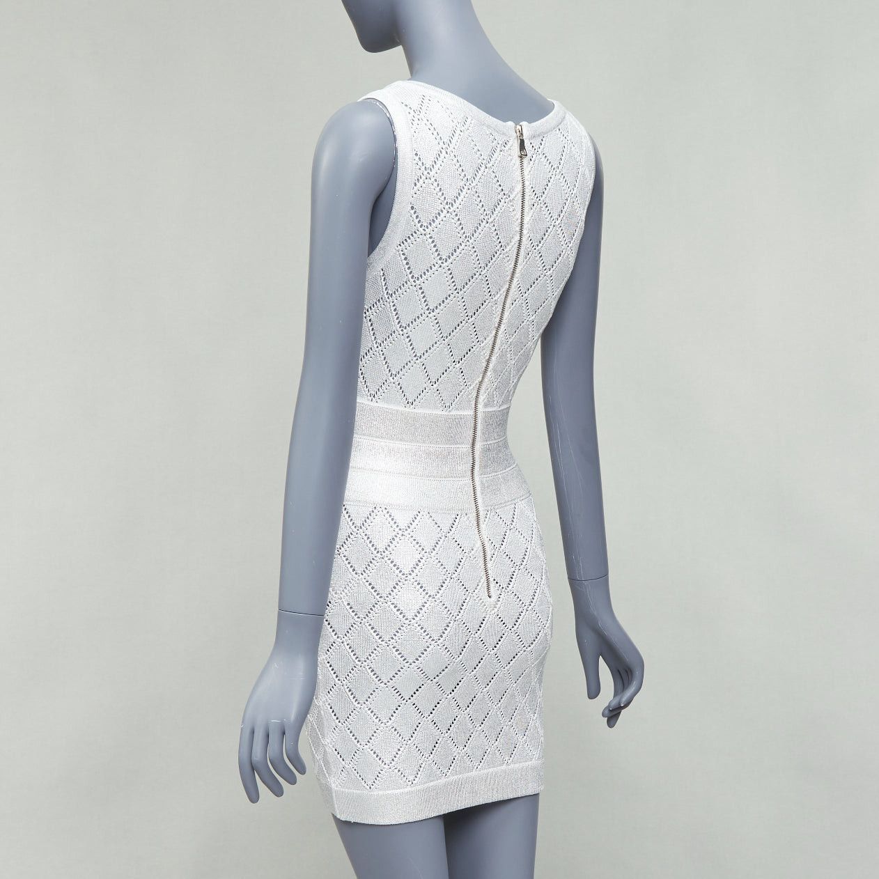 Balmain BALMAIN metallic silver coated cream argyle knit mini dress FR34 XS Size XS / US 0-2 / IT 36-38 - 6 Thumbnail