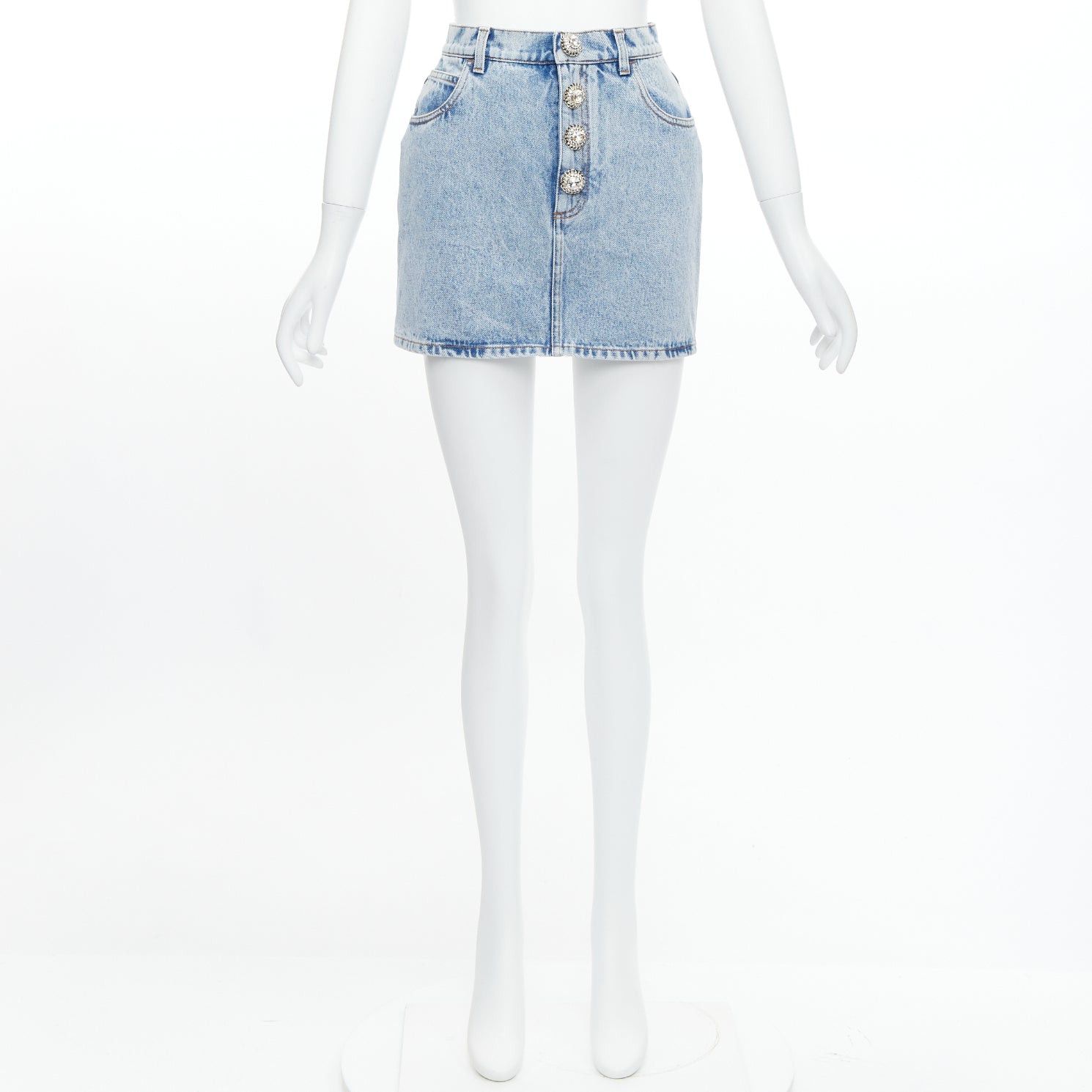 Alessandra Rich ALESSANDRA RICH blue washed denim clear crystal embellished mini skirt 26‚Äù Size 27" / US 4 / IT 40 - 9 Thumbnail