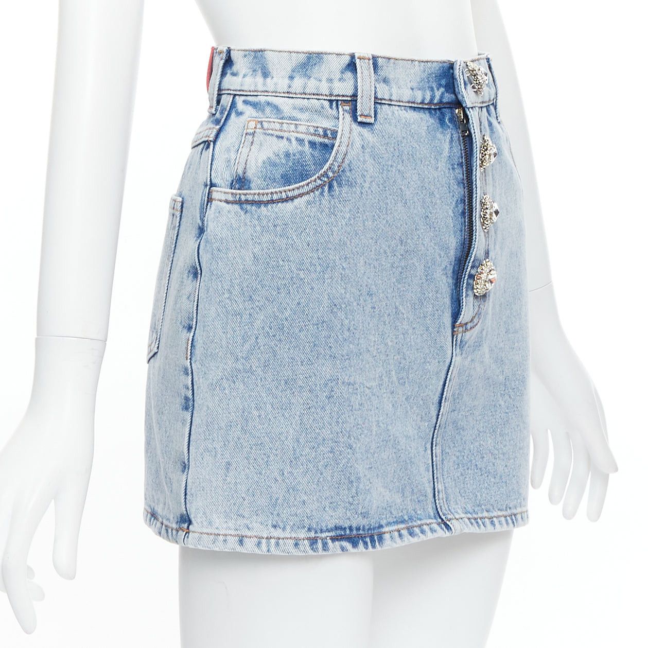 Alessandra Rich ALESSANDRA RICH blue washed denim clear crystal embellished mini skirt 26‚Äù Size 27" / US 4 / IT 40 - 3 Thumbnail
