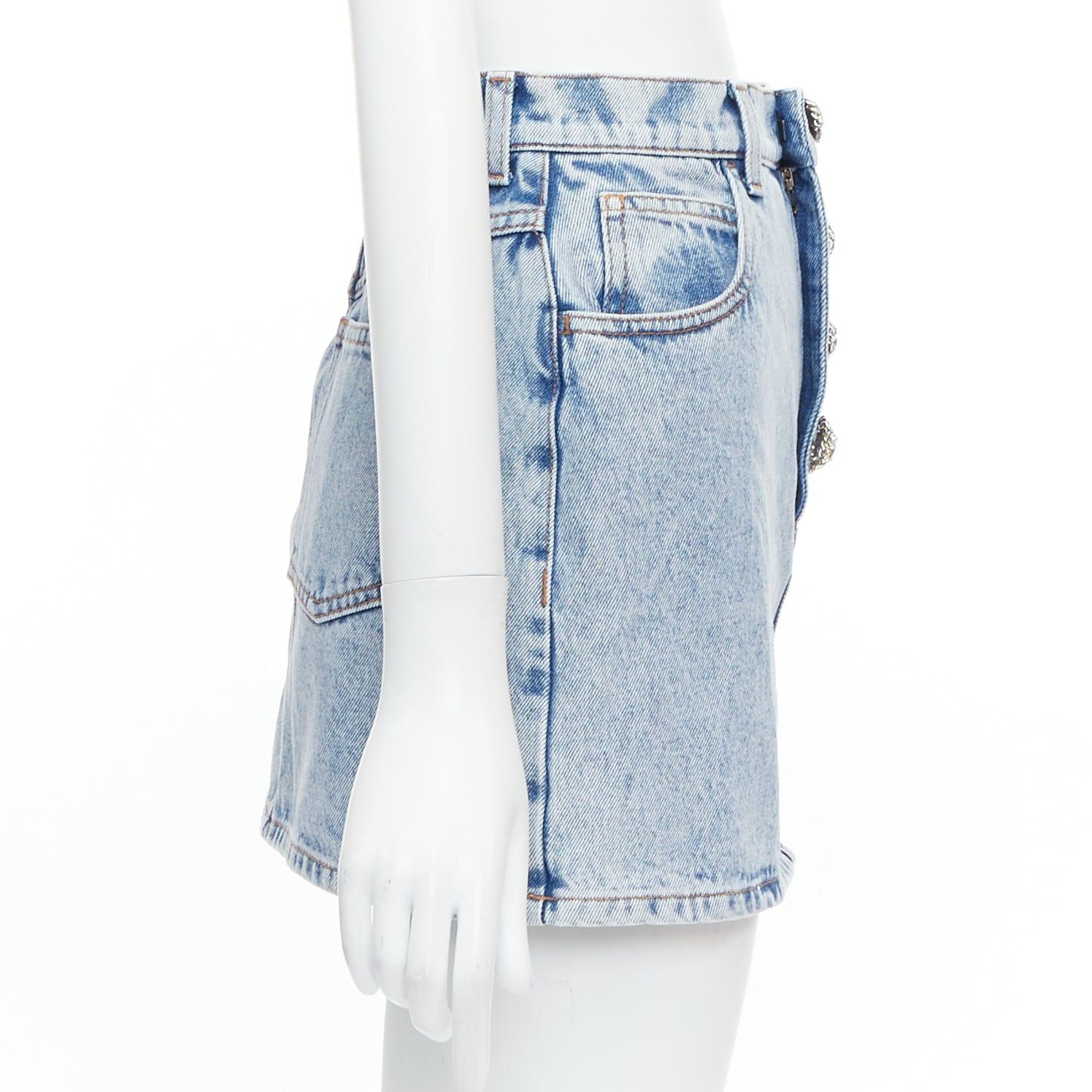 Alessandra Rich ALESSANDRA RICH blue washed denim clear crystal embellished mini skirt 26‚Äù Size 27" / US 4 / IT 40 - 4 Thumbnail