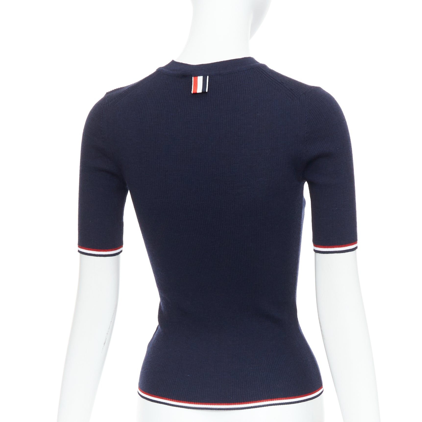 Thom Browne THOM BROWNE navy wool blend red white trim pointelle knit tshirt top IT36 XXS Size XS / US 0-2 / IT 36-38 - 5 Thumbnail