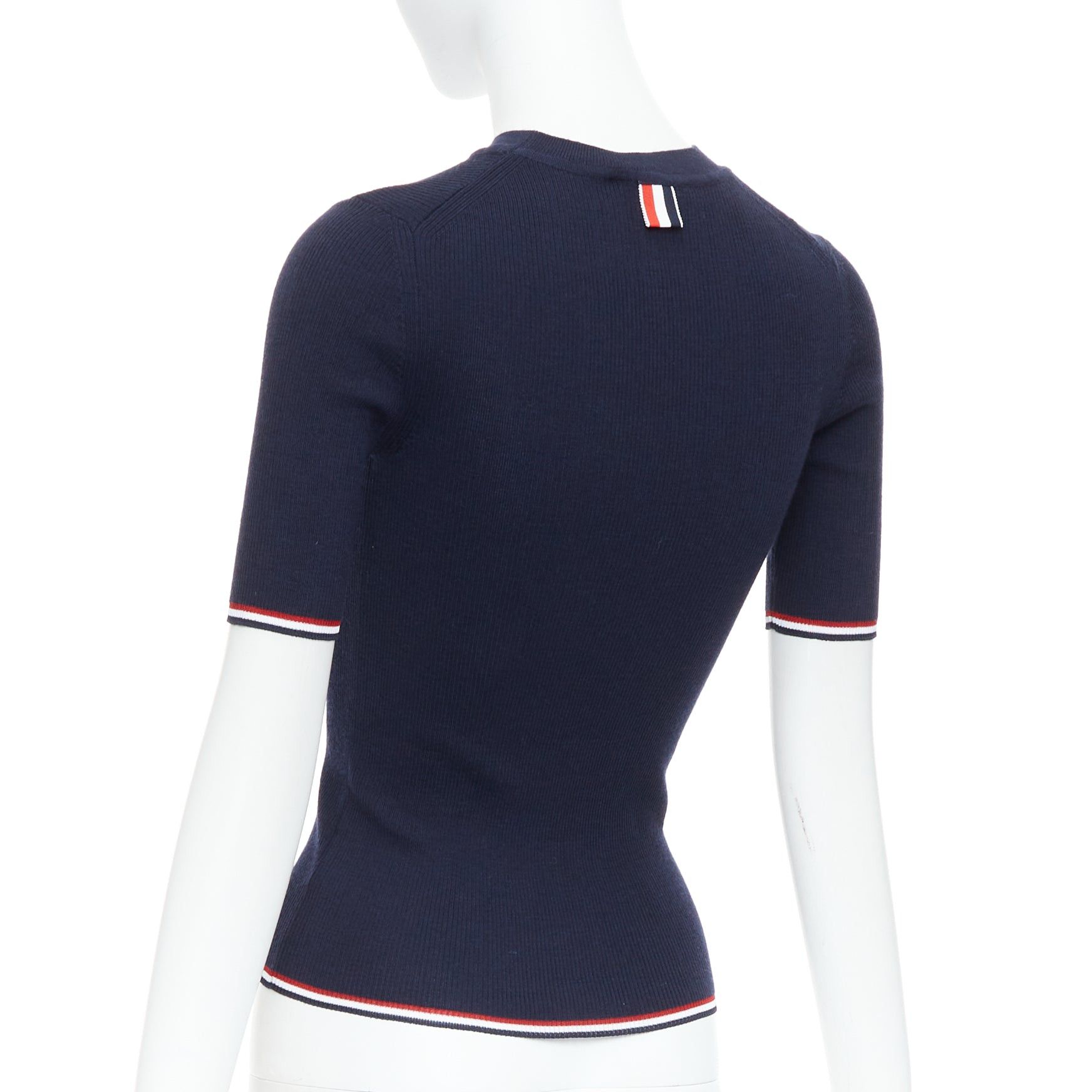 Thom Browne THOM BROWNE navy wool blend red white trim pointelle knit tshirt top IT36 XXS Size XS / US 0-2 / IT 36-38 - 6 Thumbnail