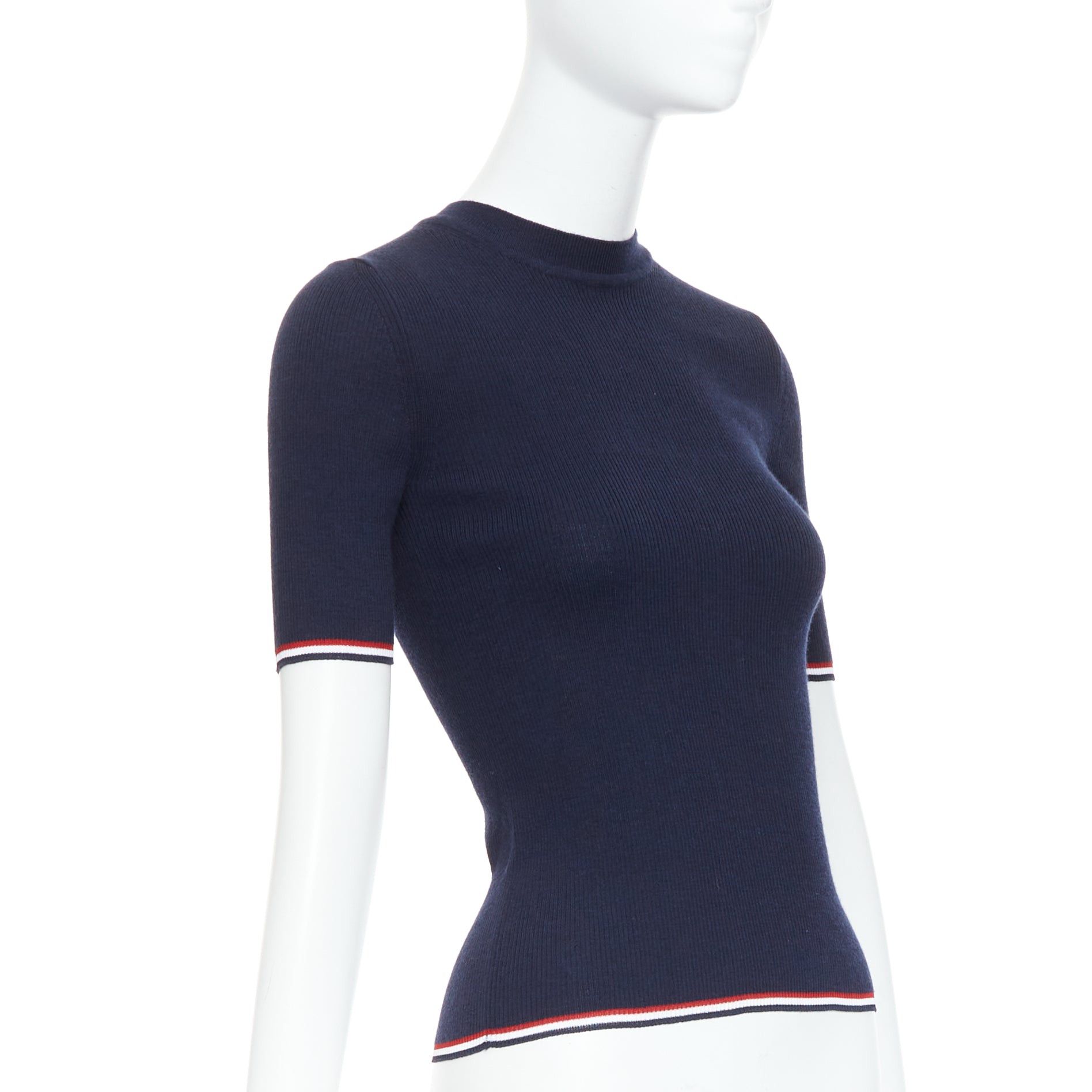 Thom Browne THOM BROWNE navy wool blend red white trim pointelle knit tshirt top IT36 XXS Size XS / US 0-2 / IT 36-38 - 3 Thumbnail
