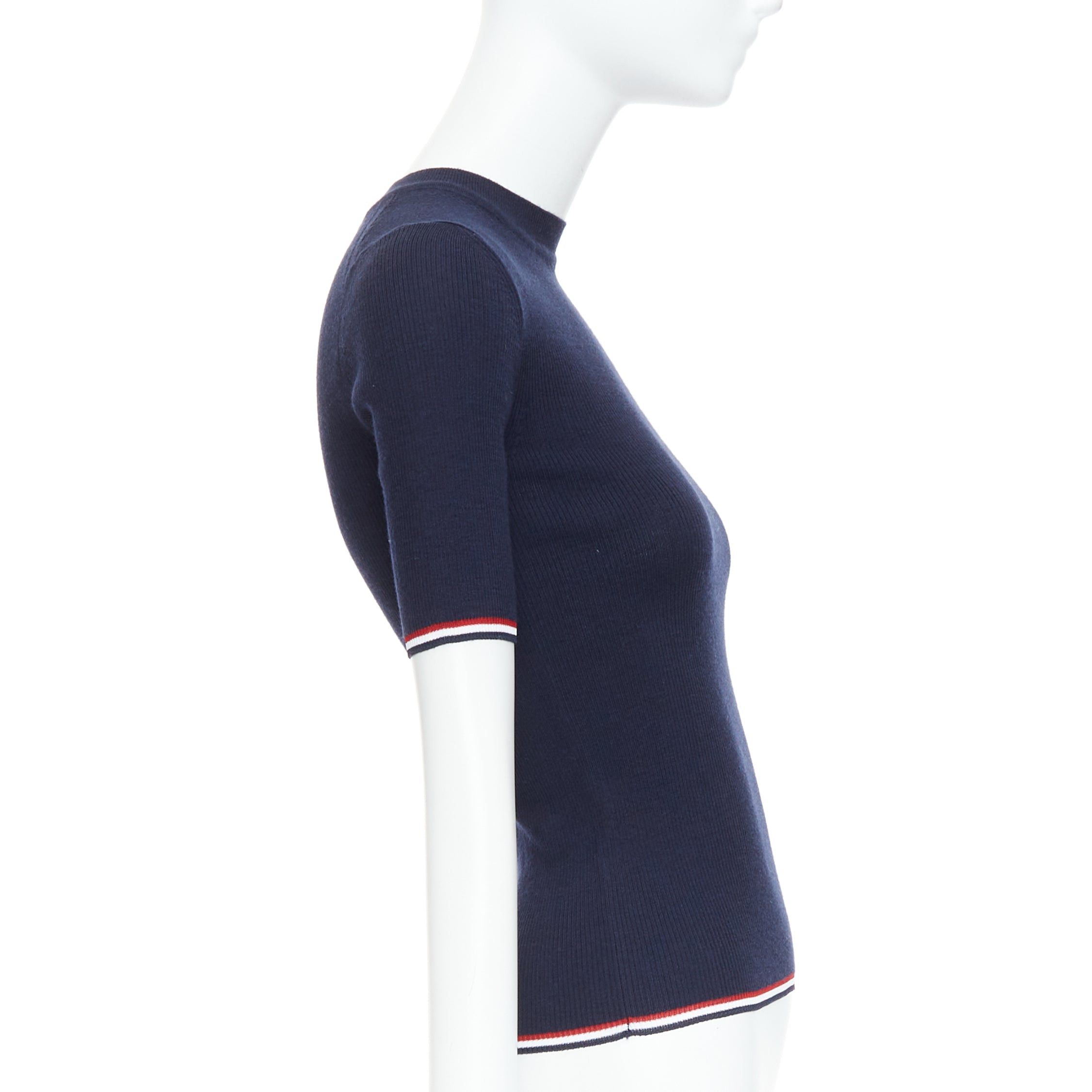 Thom Browne THOM BROWNE navy wool blend red white trim pointelle knit tshirt top IT36 XXS Size XS / US 0-2 / IT 36-38 - 4 Thumbnail