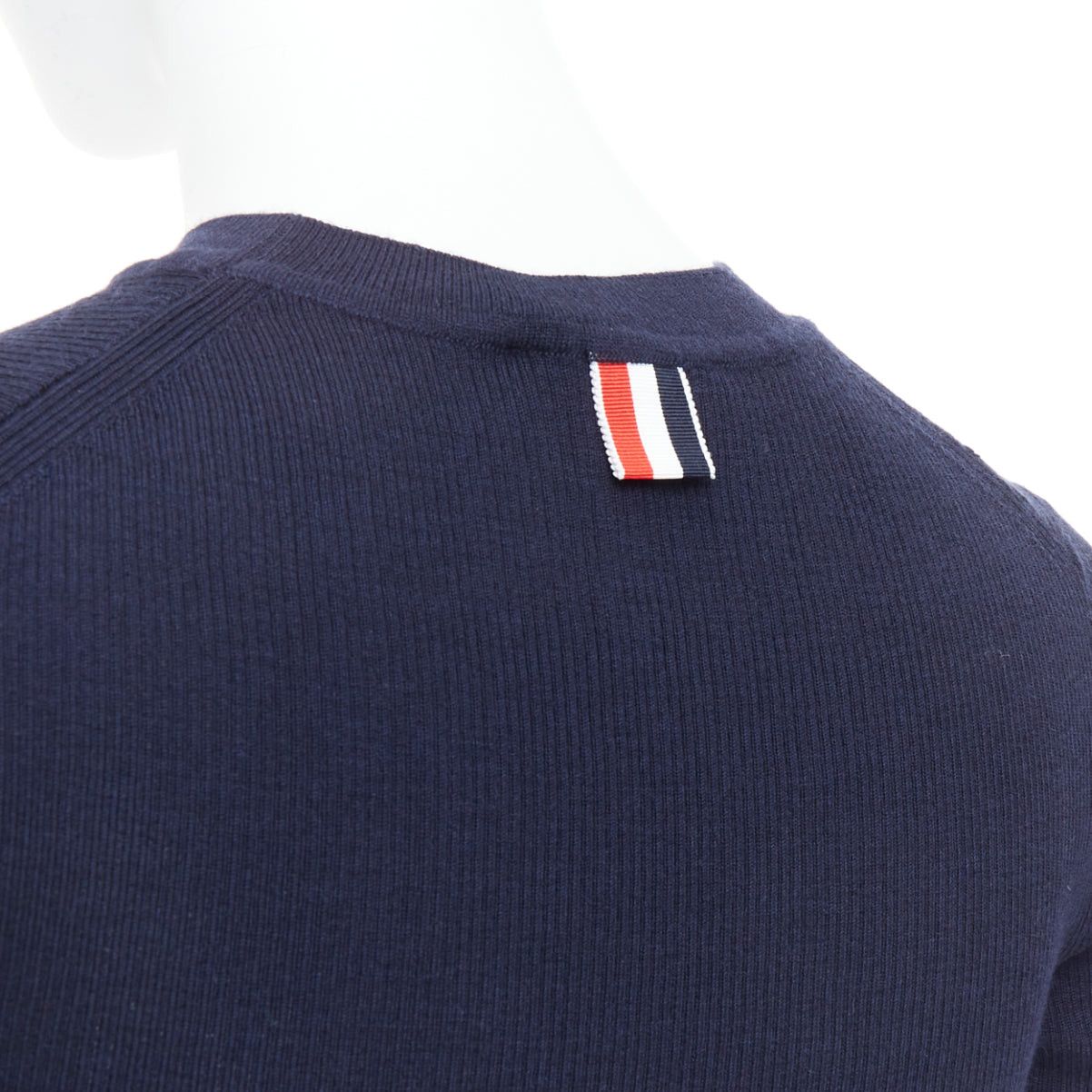 Thom Browne THOM BROWNE navy wool blend red white trim pointelle knit tshirt top IT36 XXS Size XS / US 0-2 / IT 36-38 - 2 Thumbnail