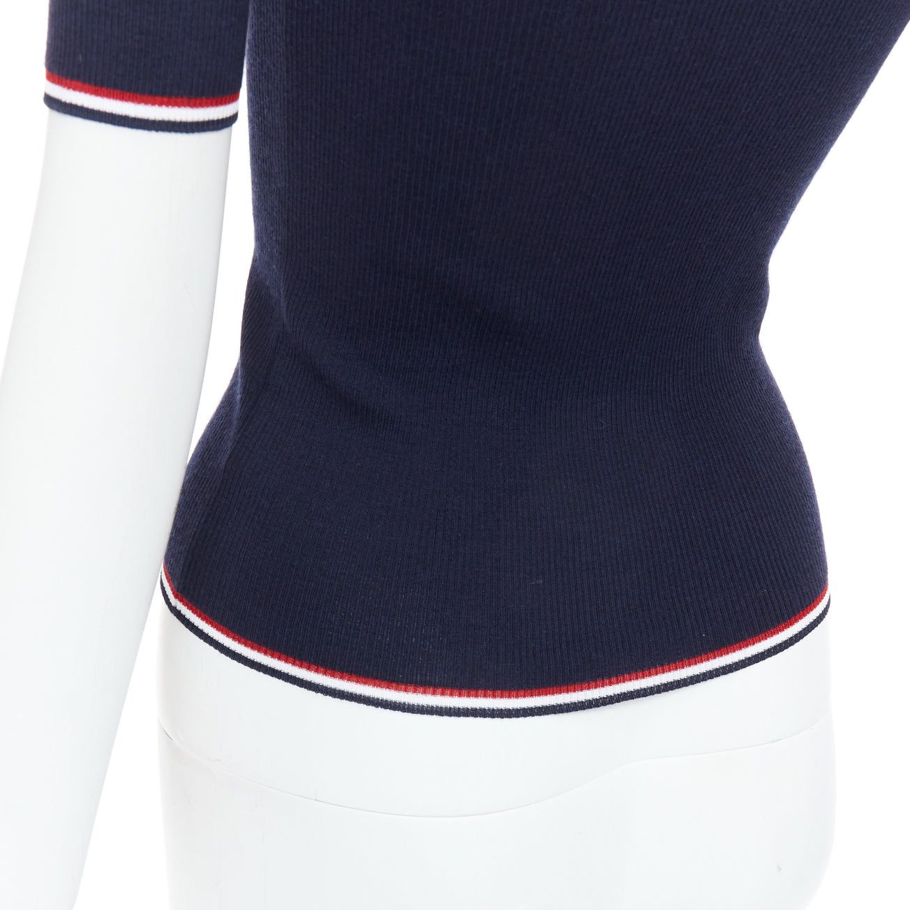 Thom Browne THOM BROWNE navy wool blend red white trim pointelle knit tshirt top IT36 XXS Size XS / US 0-2 / IT 36-38 - 7 Thumbnail