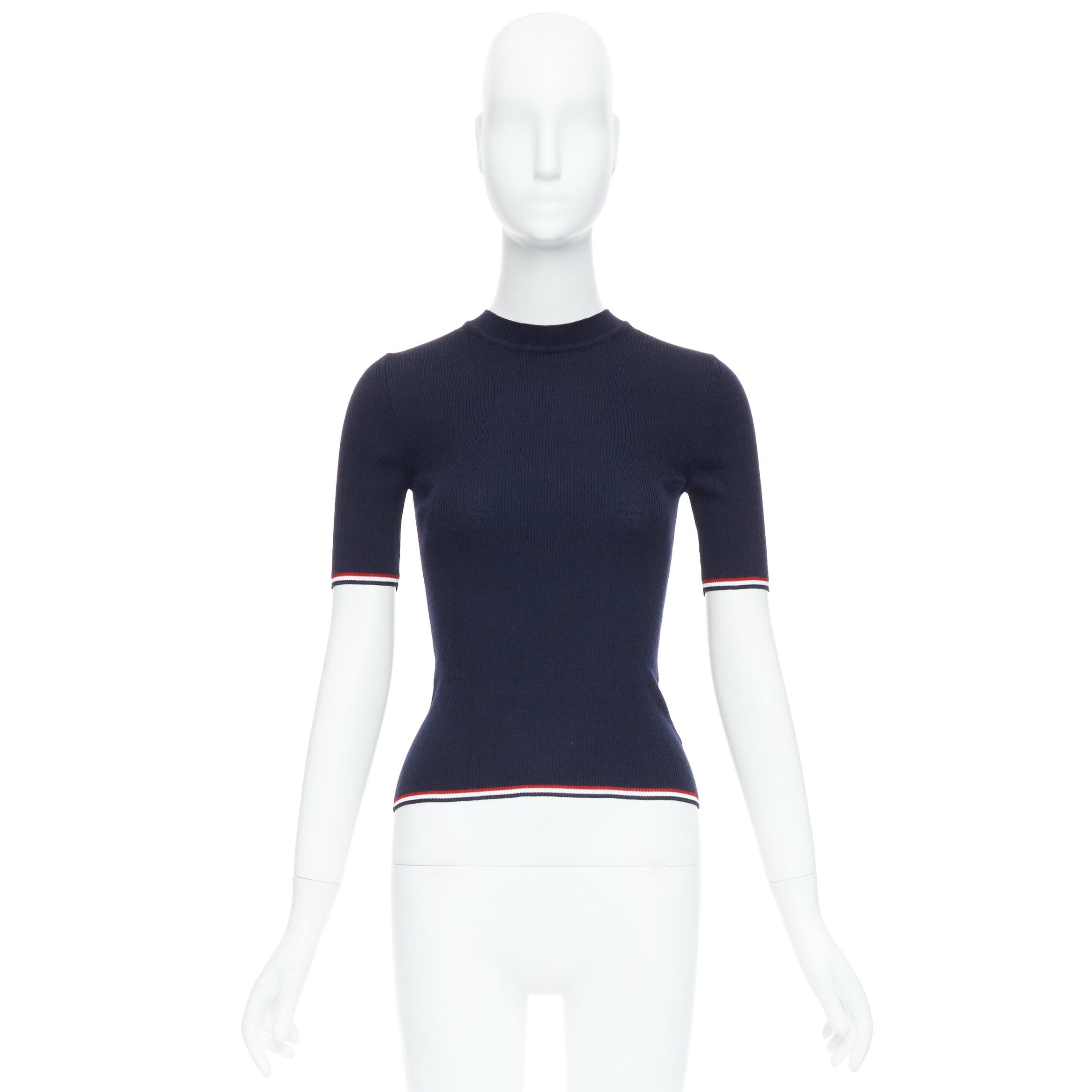 Thom Browne THOM BROWNE navy wool blend red white trim pointelle knit tshirt top IT36 XXS Size XS / US 0-2 / IT 36-38 - 9 Thumbnail