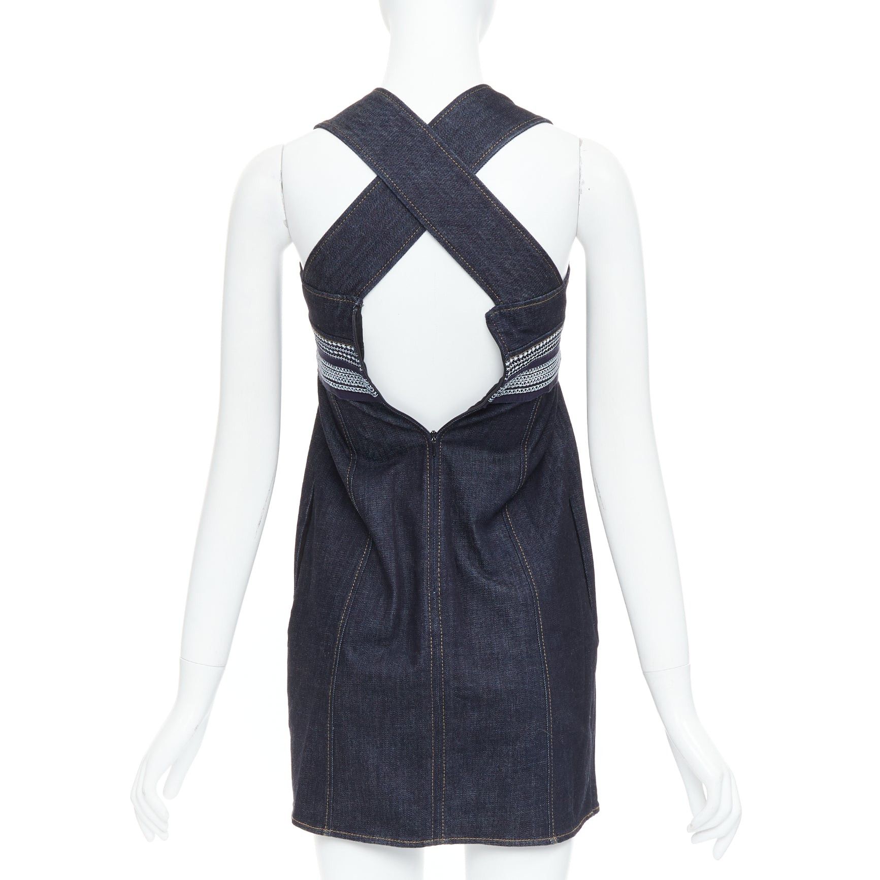 Victoria Beckham VVB VICTORIA BECKHAM blue denim topstitch cross back dress UK4 XXS Size XS / US 0-2 / IT 36-38 - 5 Thumbnail