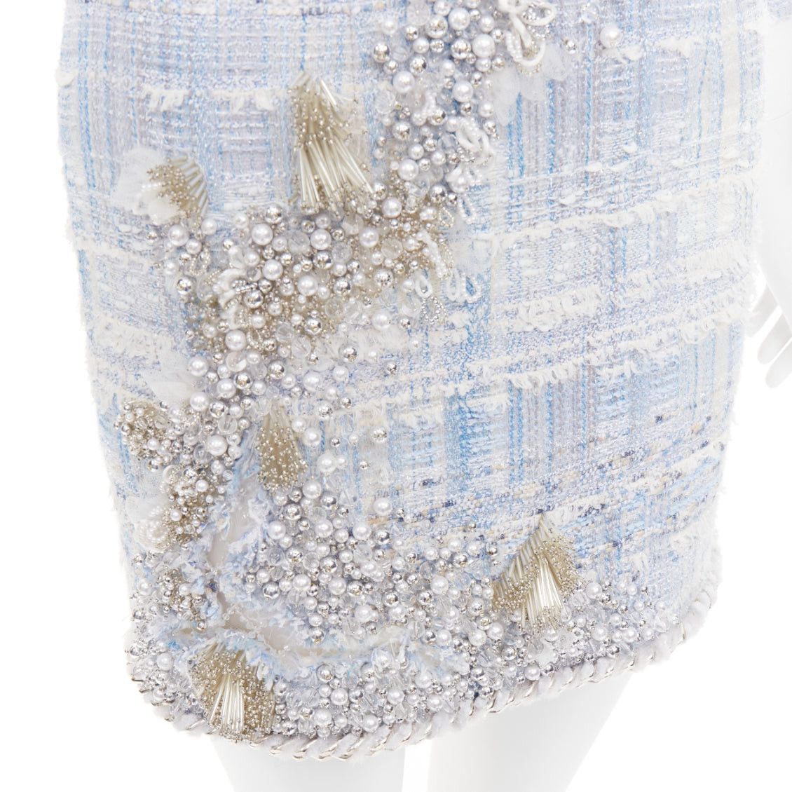 Balmain rare BALMAIN blue white tweed pearl bead embellished plunge mesh dress FR34 XS Size XS / US 0-2 / IT 36-38 - 8 Thumbnail