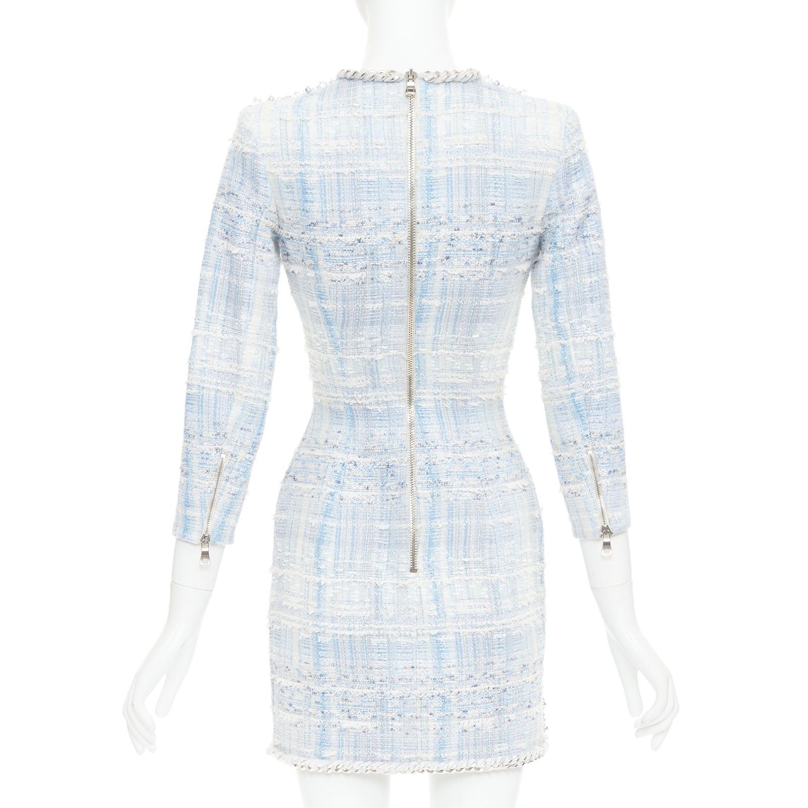 Balmain rare BALMAIN blue white tweed pearl bead embellished plunge mesh dress FR34 XS Size XS / US 0-2 / IT 36-38 - 5 Thumbnail