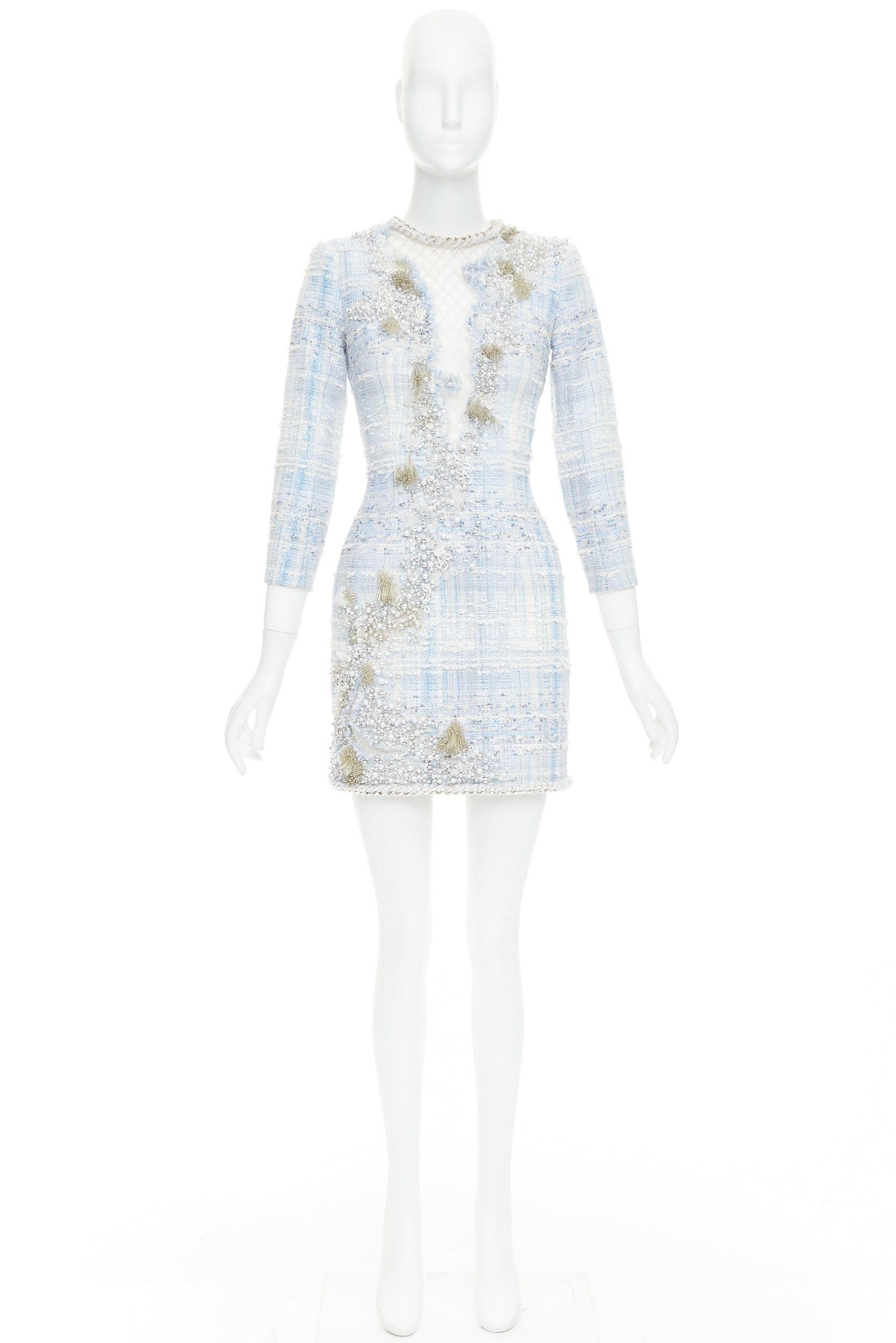 Balmain rare BALMAIN blue white tweed pearl bead embellished plunge mesh dress FR34 XS Size XS / US 0-2 / IT 36-38 - 10 Thumbnail