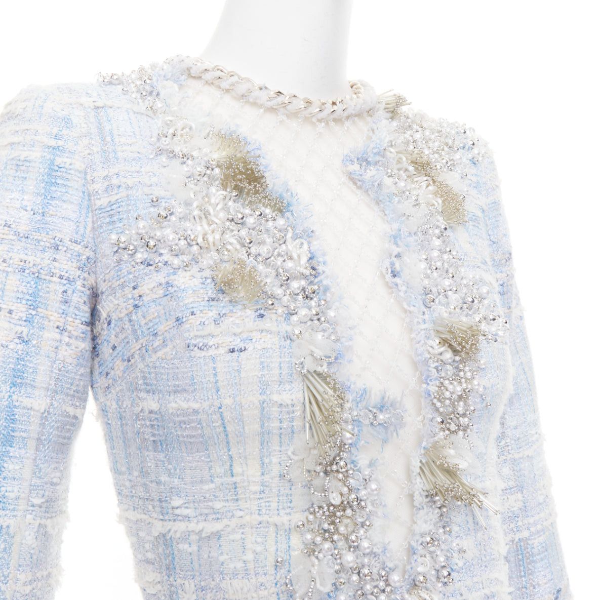Balmain rare BALMAIN blue white tweed pearl bead embellished plunge mesh dress FR34 XS Size XS / US 0-2 / IT 36-38 - 2 Thumbnail