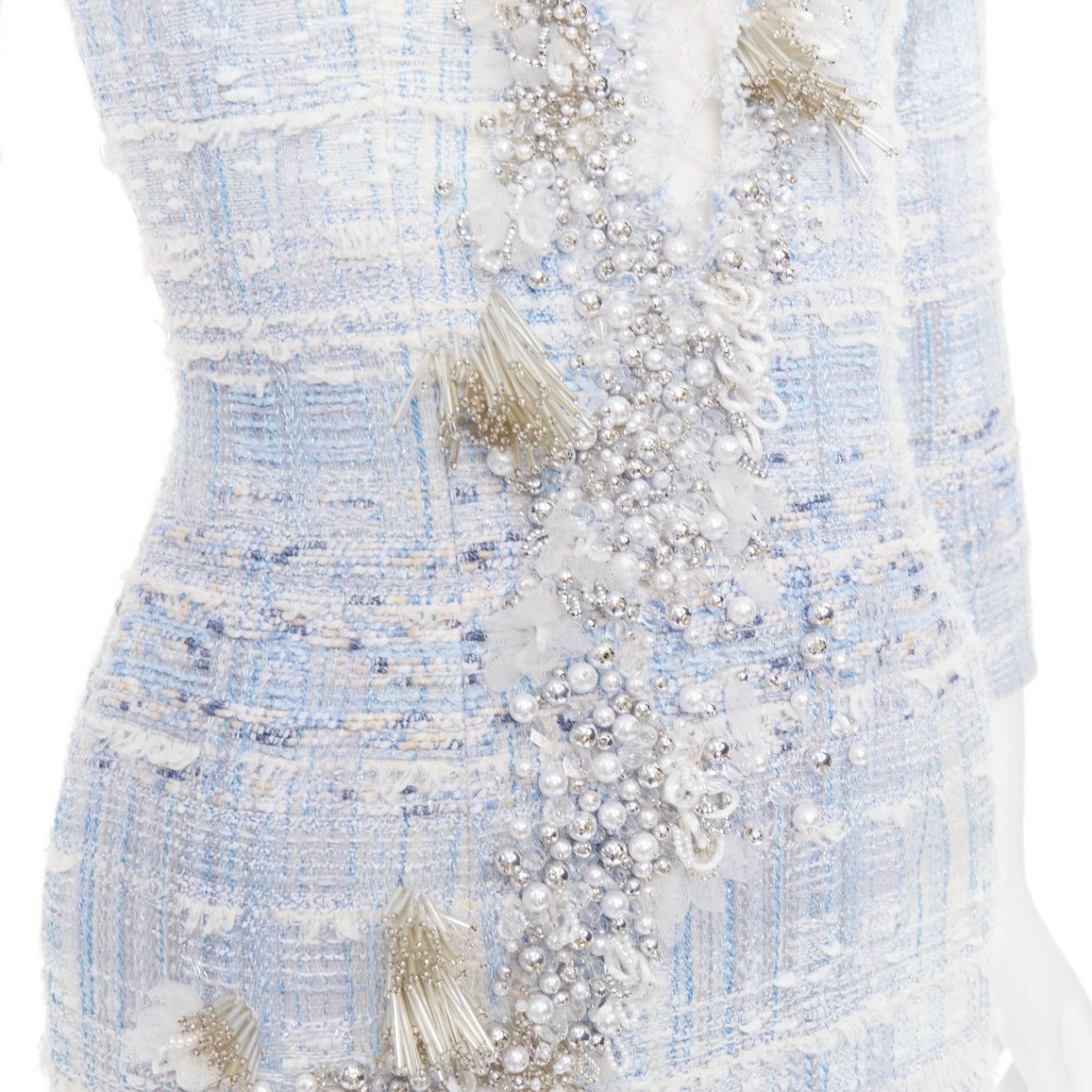 Balmain rare BALMAIN blue white tweed pearl bead embellished plunge mesh dress FR34 XS Size XS / US 0-2 / IT 36-38 - 7 Thumbnail