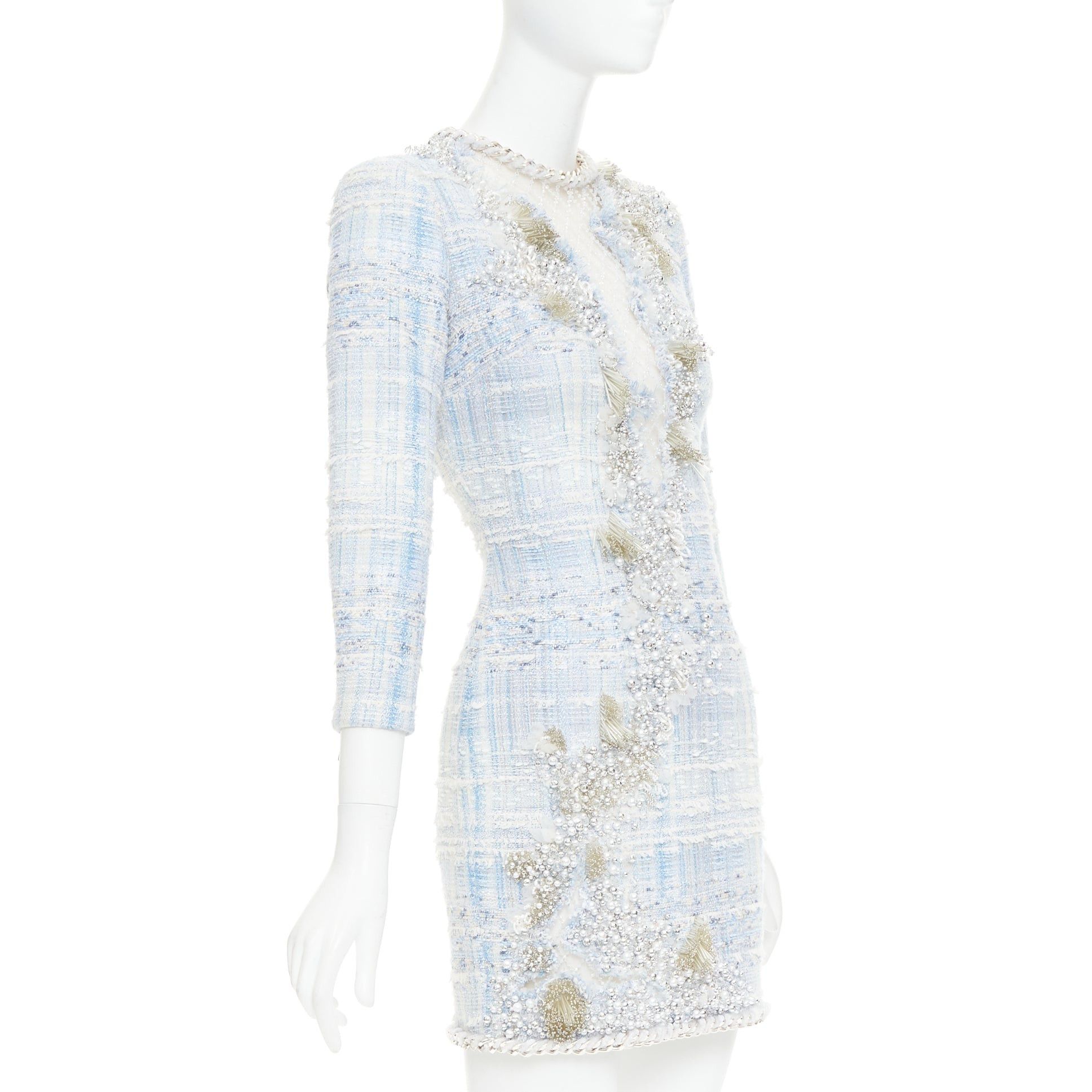 Balmain rare BALMAIN blue white tweed pearl bead embellished plunge mesh dress FR34 XS Size XS / US 0-2 / IT 36-38 - 3 Thumbnail