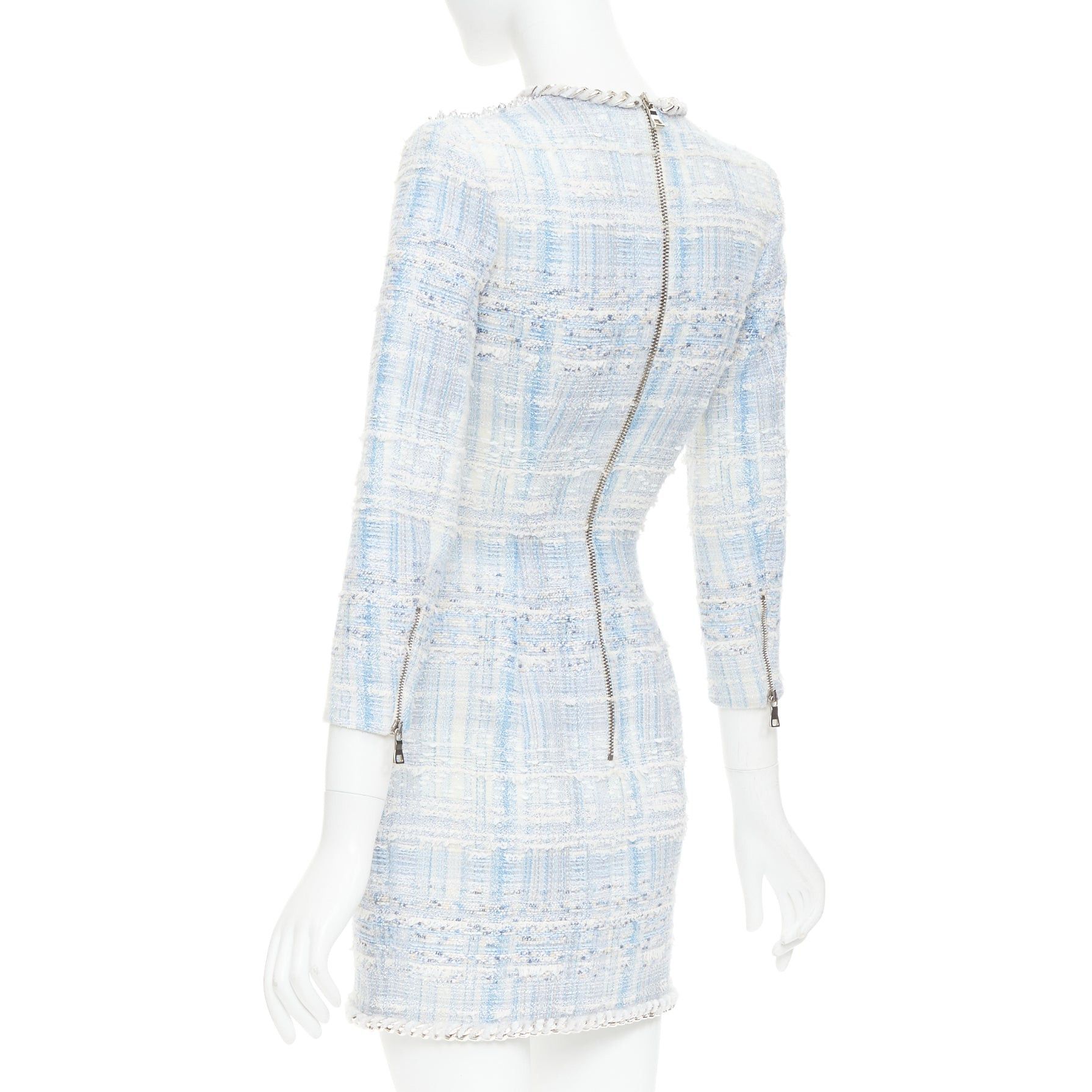 Balmain rare BALMAIN blue white tweed pearl bead embellished plunge mesh dress FR34 XS Size XS / US 0-2 / IT 36-38 - 6 Thumbnail