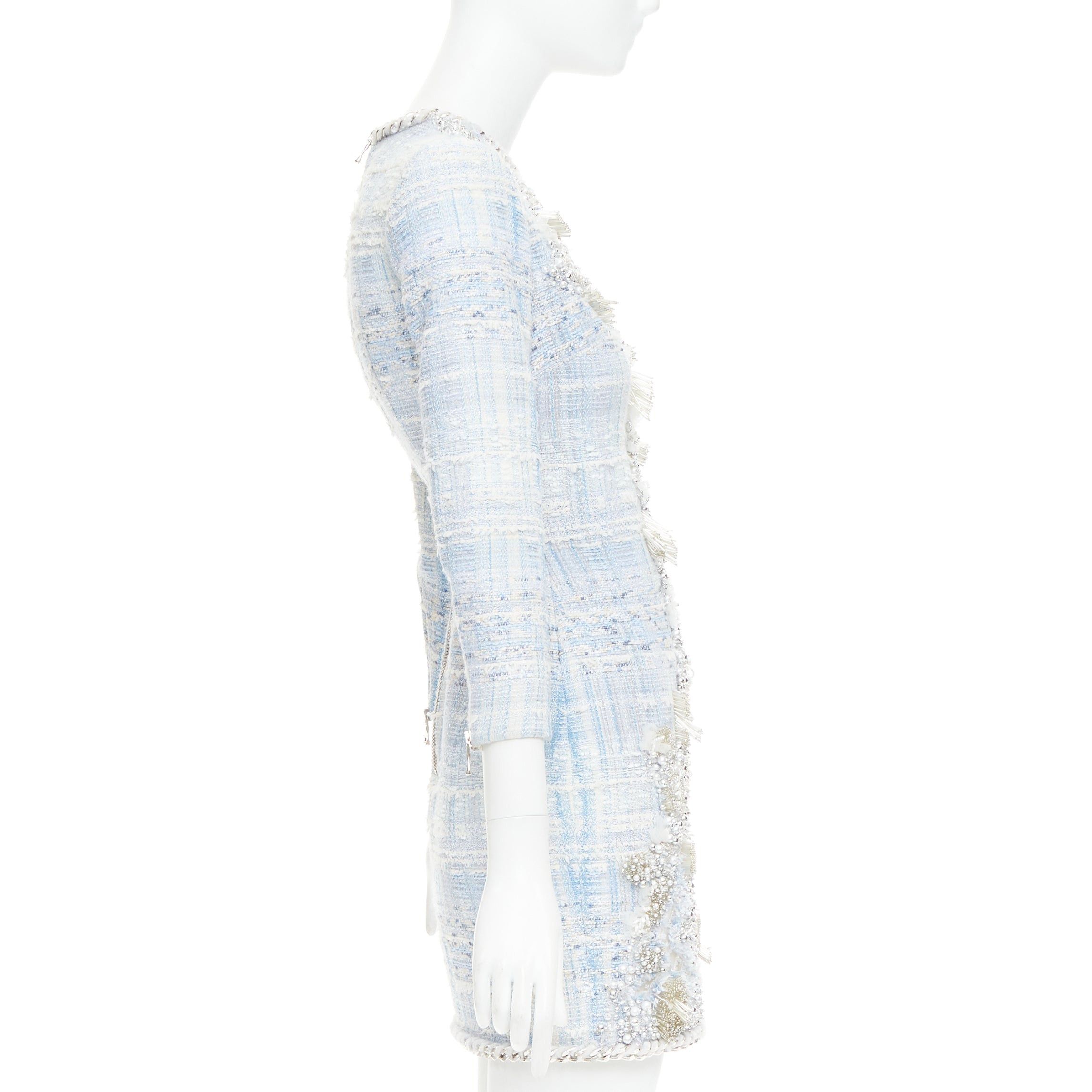 Balmain rare BALMAIN blue white tweed pearl bead embellished plunge mesh dress FR34 XS Size XS / US 0-2 / IT 36-38 - 4 Thumbnail