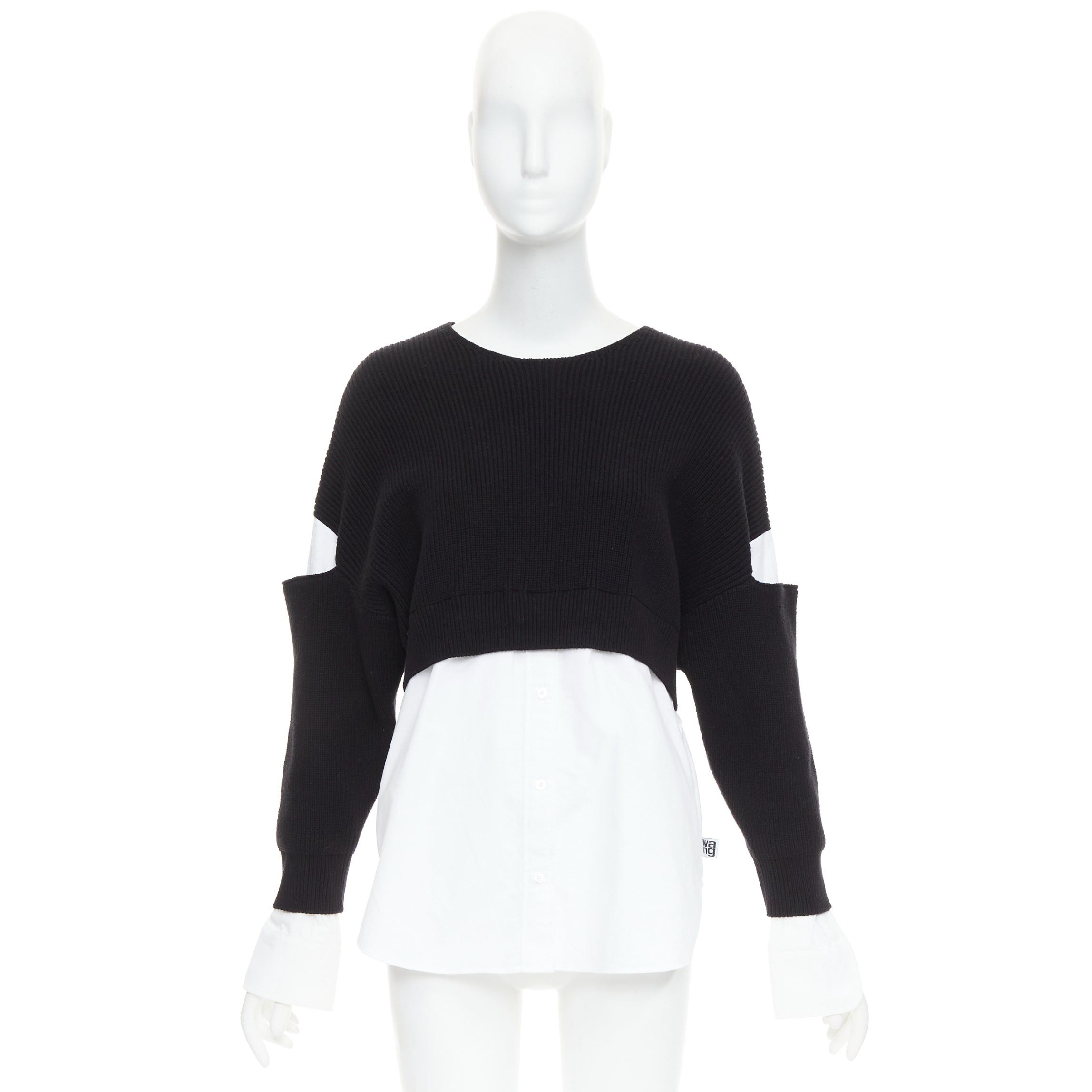 T by Alexander Wang T ALEXANDER WANG black white cotton blend hybrid cropped sweater shirt top XS Size S / US 4 / IT 40 - 9 Thumbnail